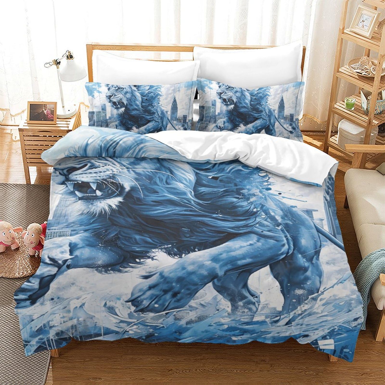 Housse de couette Lion 140x200 avec taies en microfibre pour lit simple