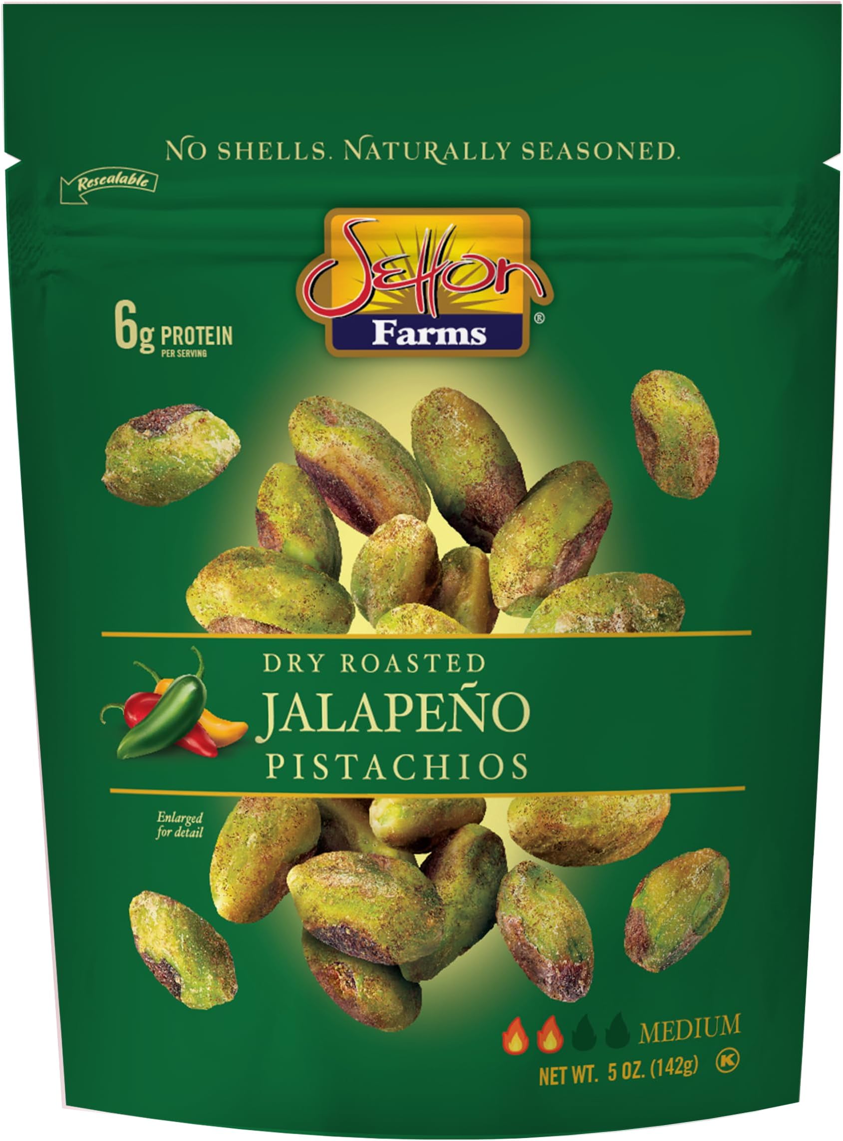 Naturally Seasoned Pistachio Kernels, Jalapeno, No Shell Pistachios, Certified Non-GMO, Gluten Free, Vegan and Kosher, 5 oz Resealable Pouch