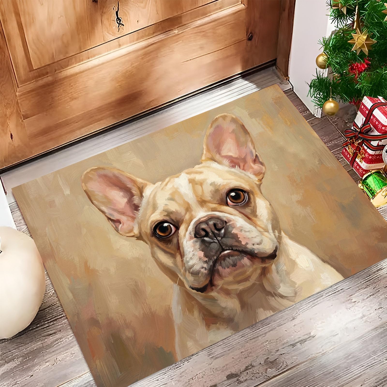 90X150Cm Zerbino Ingresso Interno Antiscivolo Assorbente, Tappeto Microfibra Sottile Lavabile Con Dipinti Antichi Animali Olio Un Adorabile Bulldog Francese Per Cucina Bagno Porta Animali, Marrone