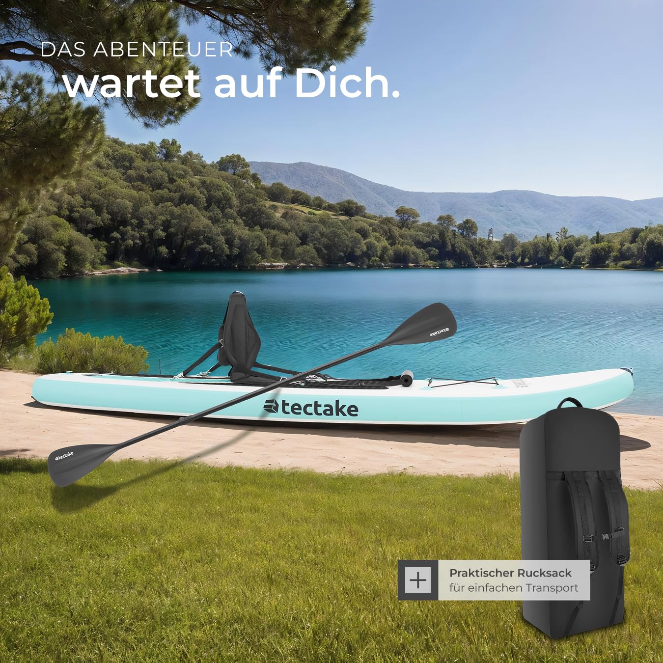 tectake® Stand Up Paddle Board, SUP aufblasbar, Standup, SUB mit Pumpe, Kajak Boot Sitz, Finnen, Rucksack, Doppelpaddel, Paddel, für Wassersport und Paddling, bis 200 kg belastbar - weiß/türkis