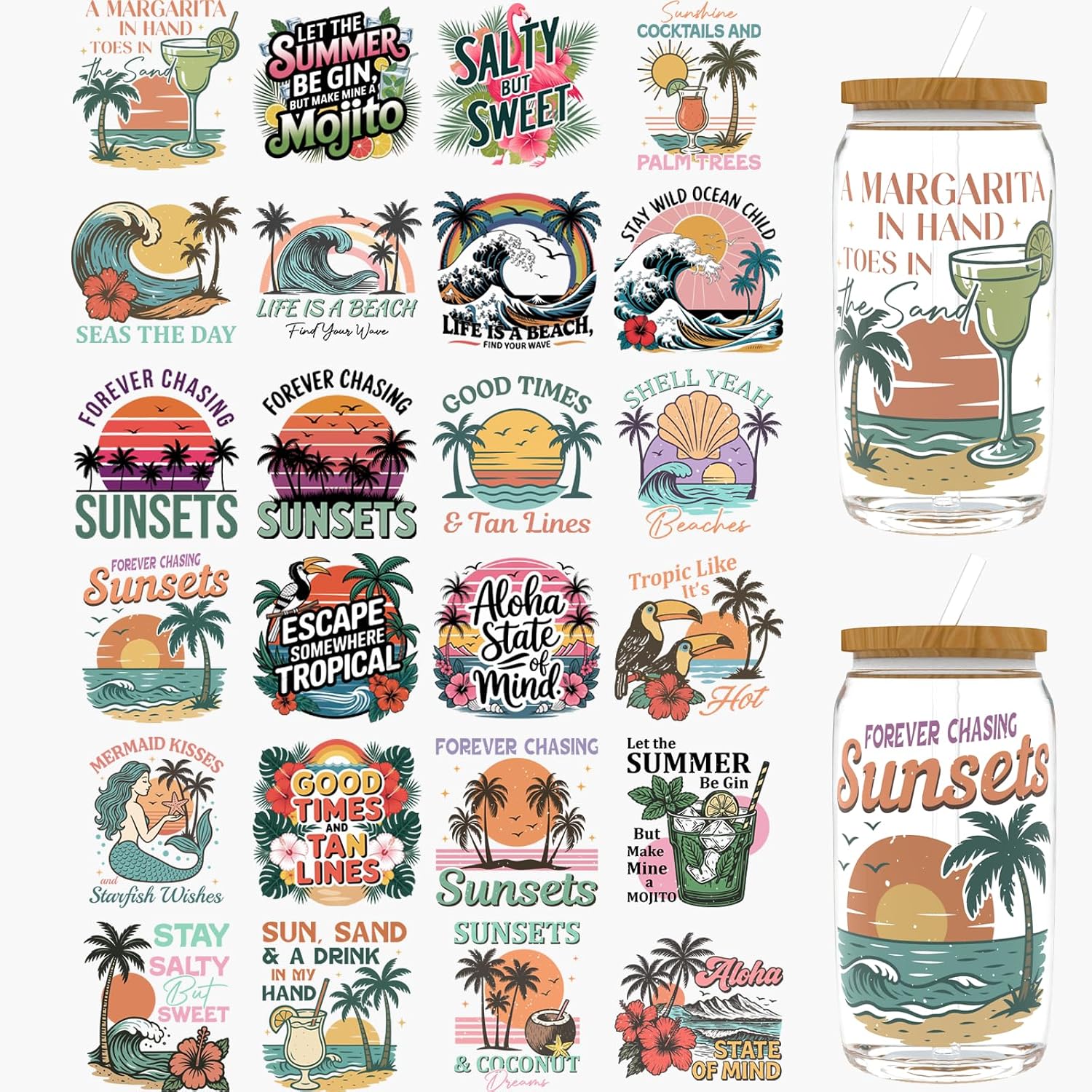 24pcs Summer text slogan UV DTF Cup Wraps,UV DTF Transfer Paper for 16oz, Glasses, Tables, Chairs, Computers, High Viscosity UV DTF Wrap