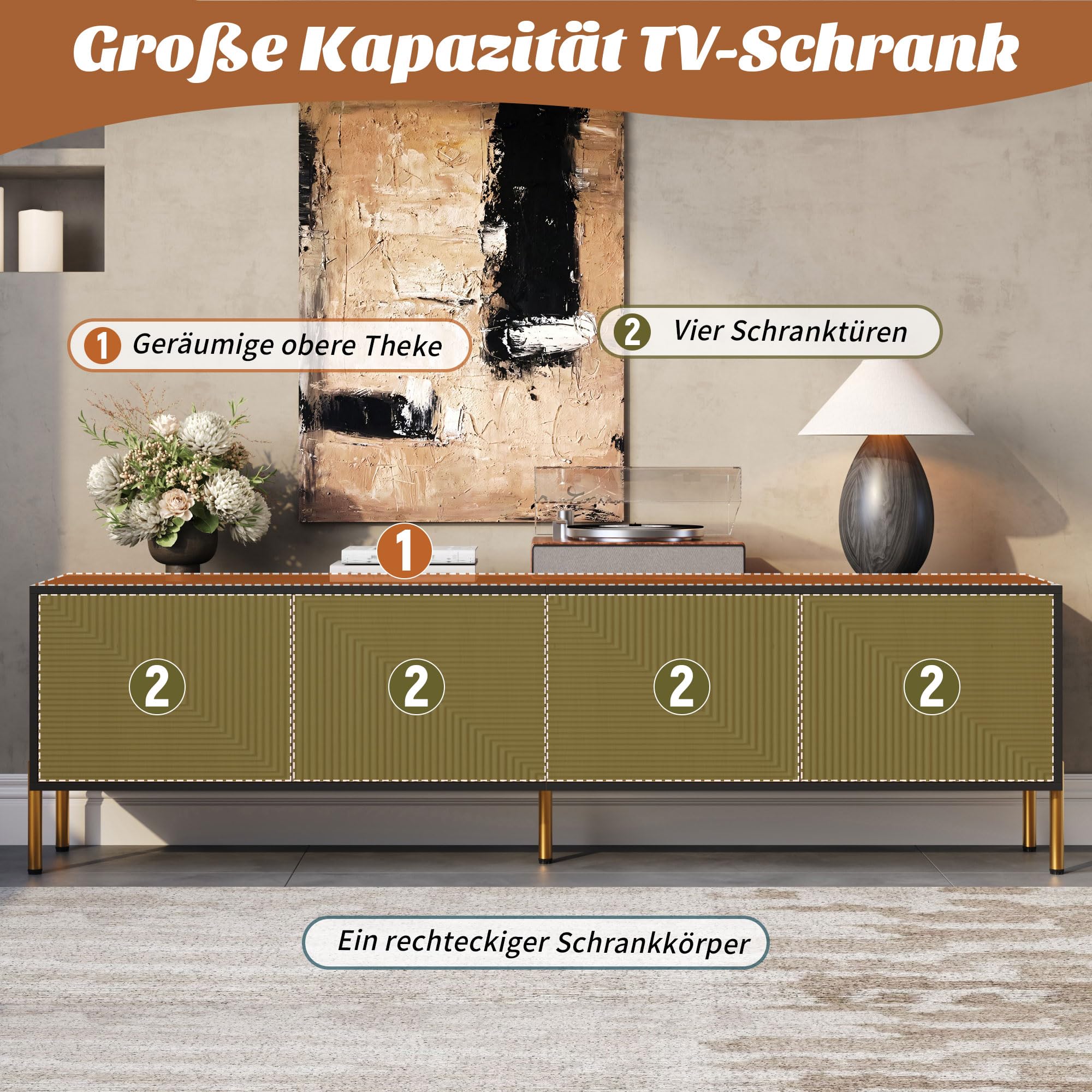 Szafka pod telewizor, 179 x 35 x 53,5 cm, z 4 drzwiami, struktura 3D, bez uchwytów, metalowe nogi, komoda pod telewizor, do salonu, czarna, naturalna, złota