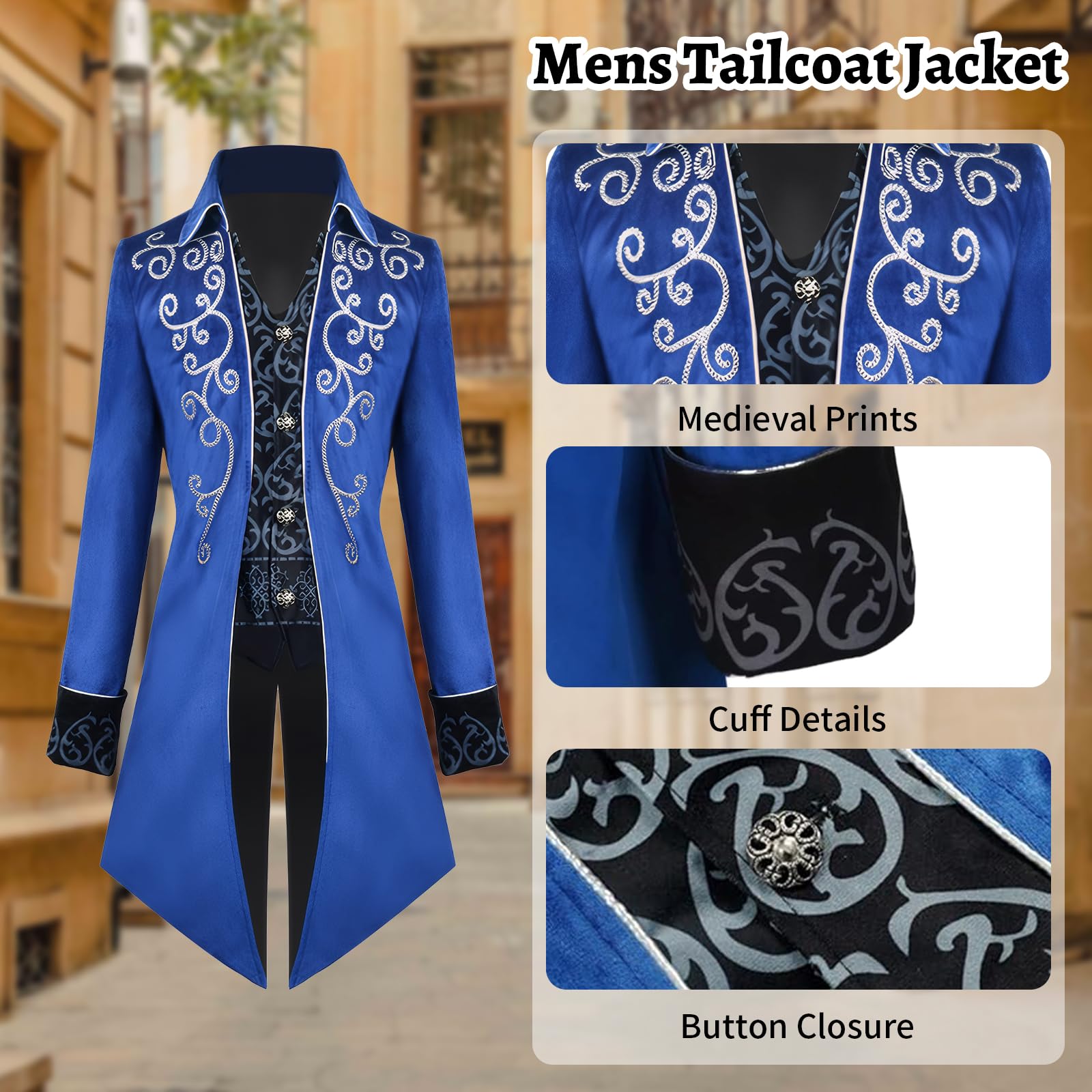 Men's Steampunk Vintage Tailcoat Jacket Gothic Tailcoat Coat Carnival Costumes,Medieval Clothing Men,Halloween Costume Men (Blue, S) - Image 4