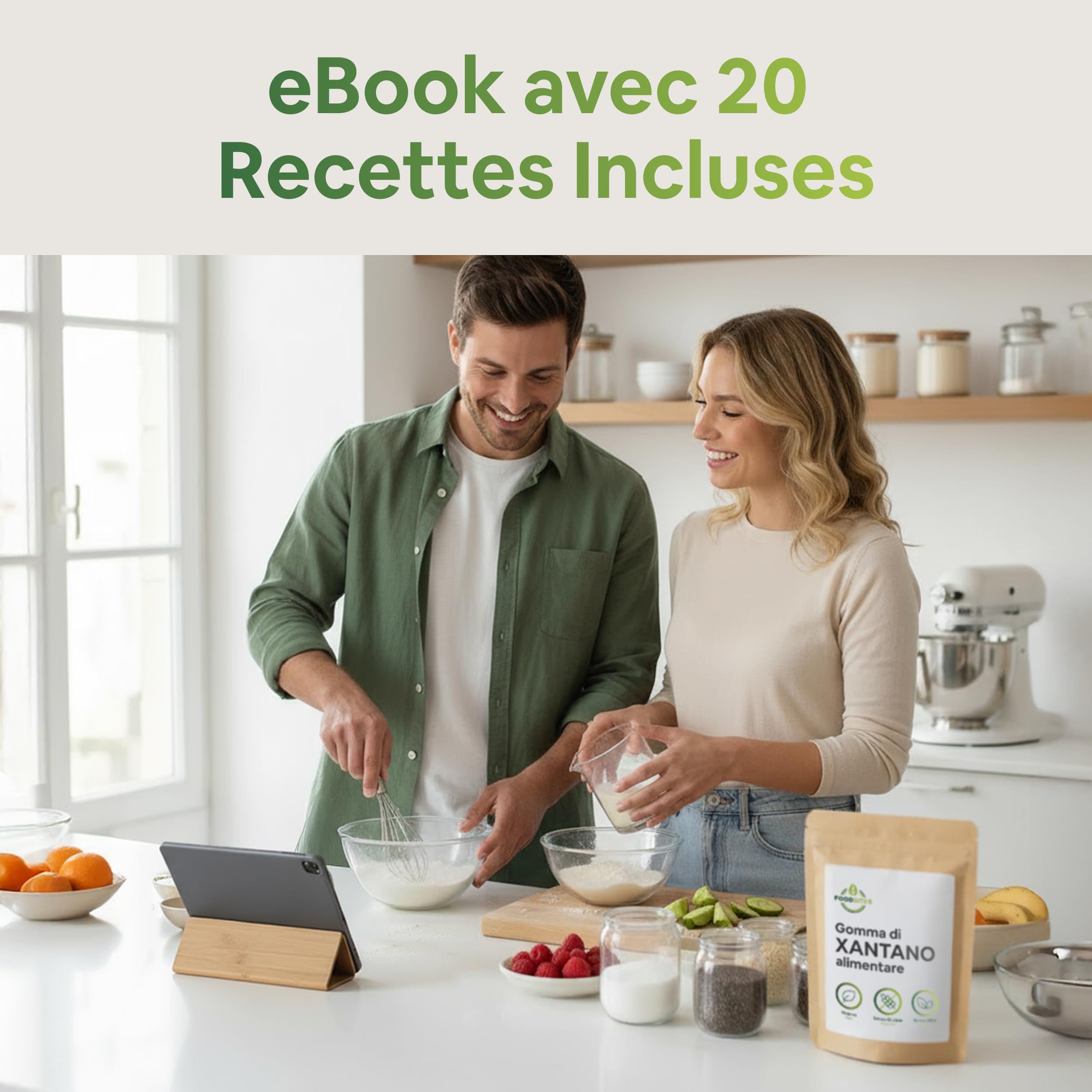 Food Bites Gomme de Xanthane en Poudre 1 Kg – Épaississant Alimentaire Vegan et Sans Gluten – Xanthan Gum Idéale pour Desserts, Glaces – eBook OFFERT avec 20 recettes incluse