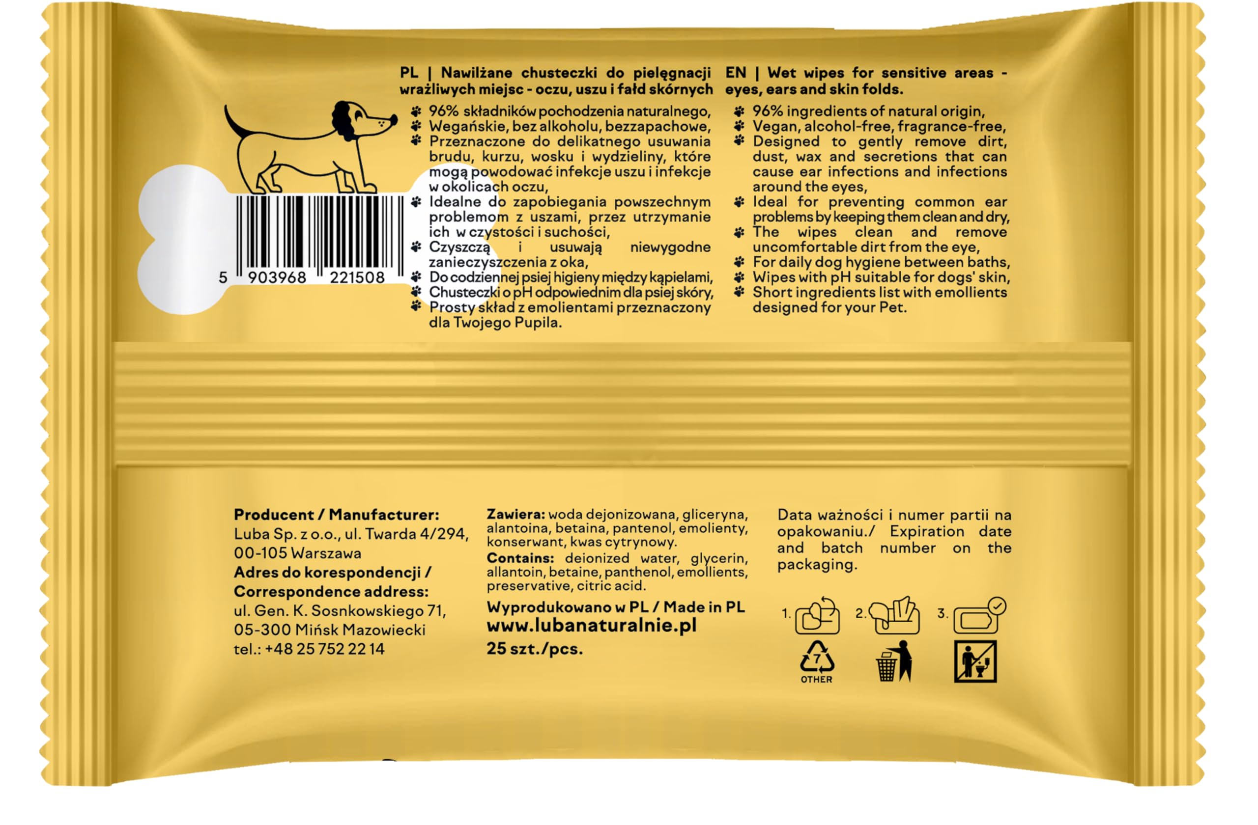 Moisturized dog wipes for sensitive areas eyes, ears skin cleaning LUBA my best friend DOG 25pcs. pocket size SIMPLE INGREDIENTS, XL wipes plastic free alkohol free - Image 3