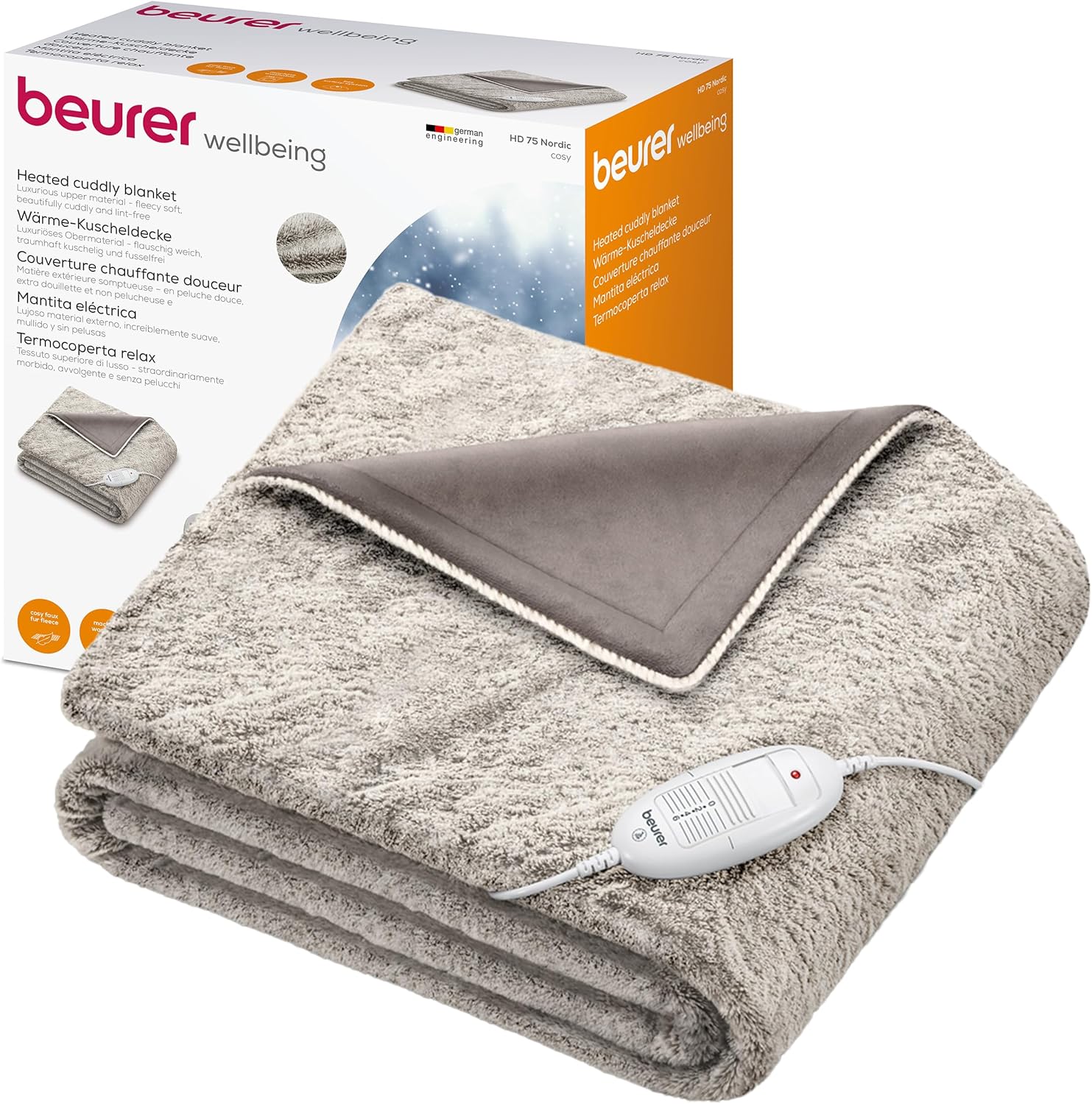 Beurer HD 75 Manta eléctrica nórdico, manta térmica de peluche con aspecto de piel, 6 ajustes de temperatura, lavable a máquina, con desconexión automática, beige / marrón, 180 x 130 cm