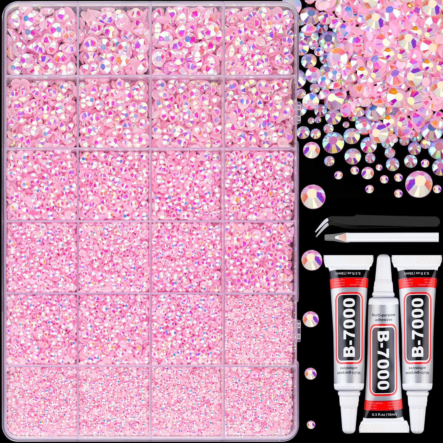 Photo 1 of 30000Pcs Resin Jelly Rhinestones with Tweezers for Crafting, Light Pink AB Flatback Gems, Bedazzling Crystal with 3Pcs 10ml B7000 Jewelry Glue for DIY Crafts Clothing Tumblers Shoes Fabric Nail Art
