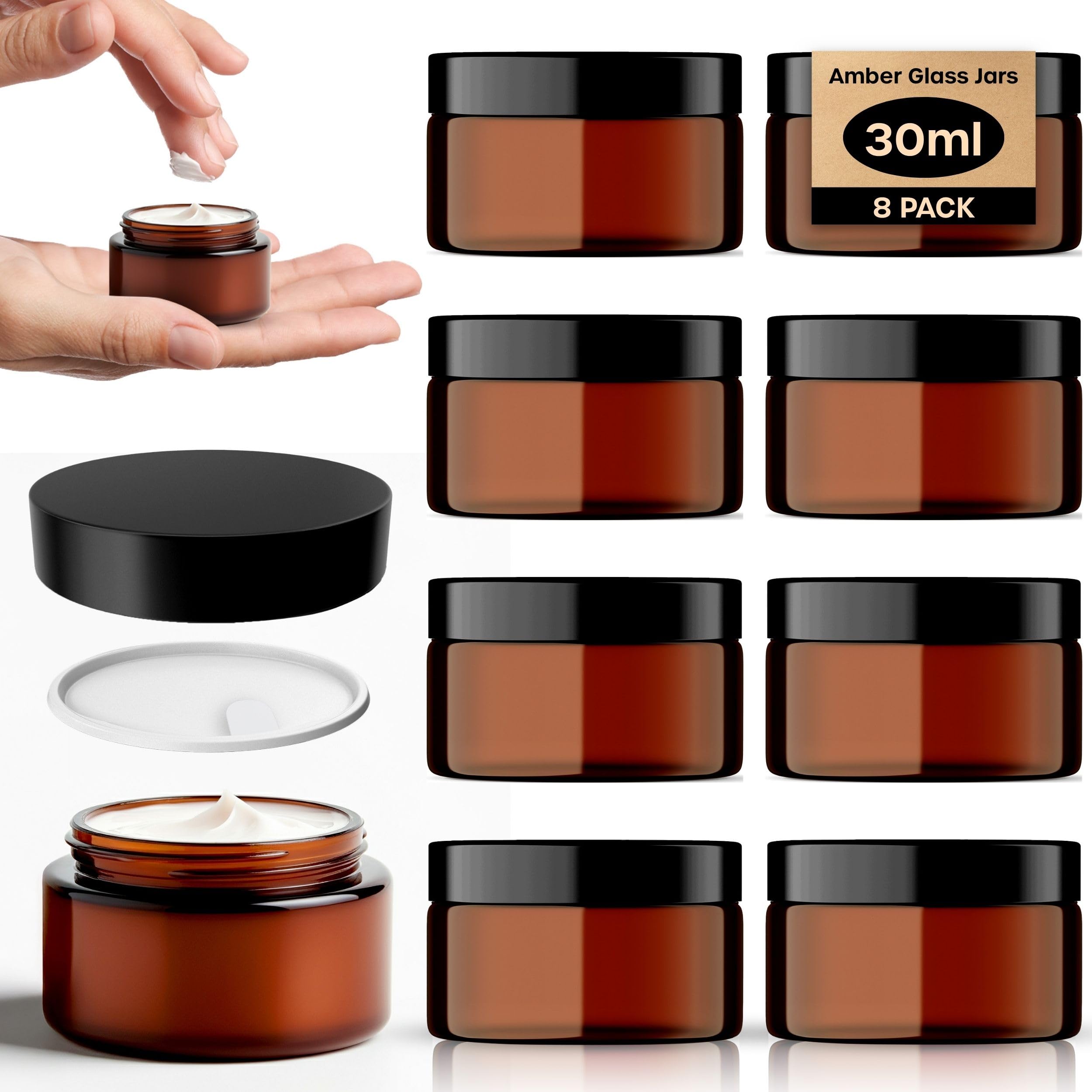 Volila Brown Amber Glass Jars - 8 Pack (30Ml) With Lids - Travel Cosmetic Containers With Spatula - Uv Protection For Powder, Lotion And Cream