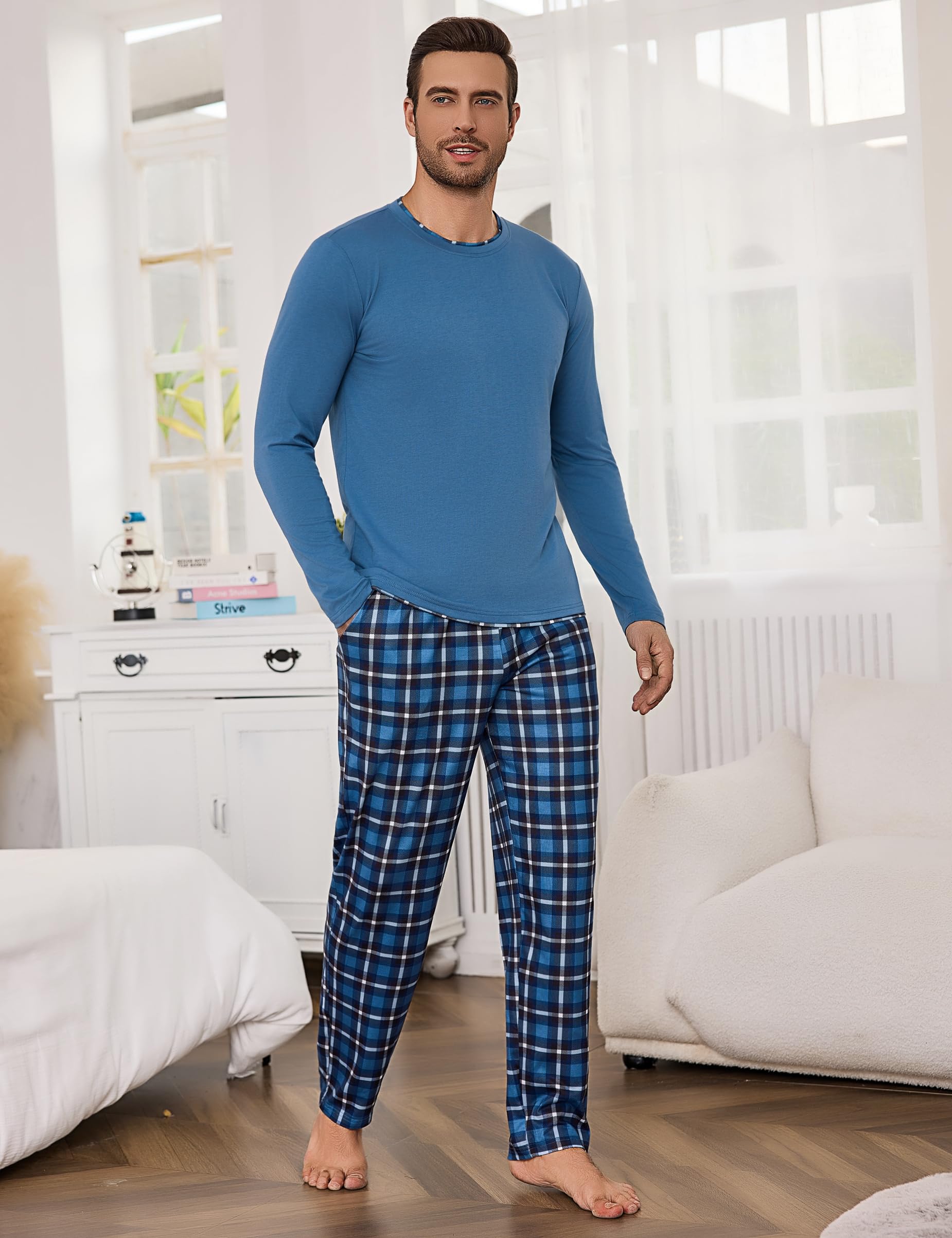 Litherday Pigiama Uomo Invernale Cotone Lungo Pajamas Due Pezzi Maniche Lunghe Pantaloni Lunghi Pigiami Morbido Loungewear con Tasche