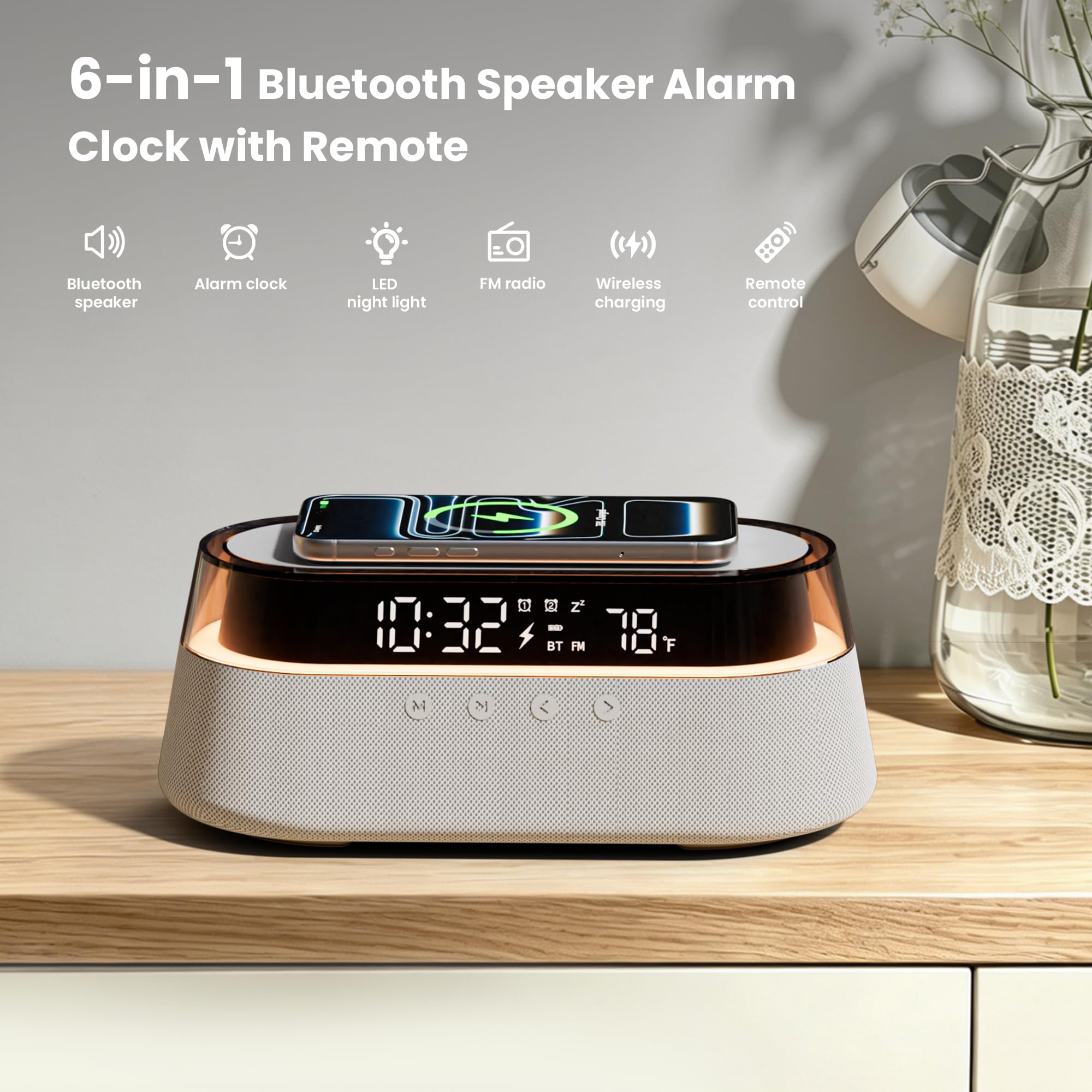 Altoparlante Bluetooth con Sveglia Caricatore Wireless 15W con Telecomando | Doppia Sveglia con Radio, Funzione Snooze e Luce Notturna per la Camera da Letto o l'ufficio Regalo Uomo Donne