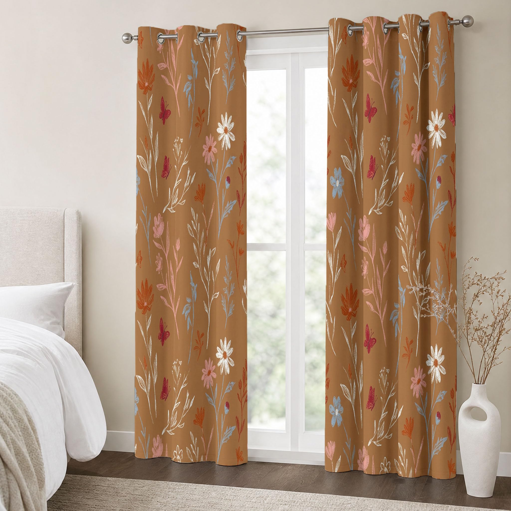 Cortinas Opacas Térmicas Decorativas Estampado Floral Bohemio Retro | Plantas Pintadas Mano Rústico 2 Piezas 140Anx240Al Cm, Cortinas De Privacidad Para Ventanas De Sala De Estar, Marrón Caramelo