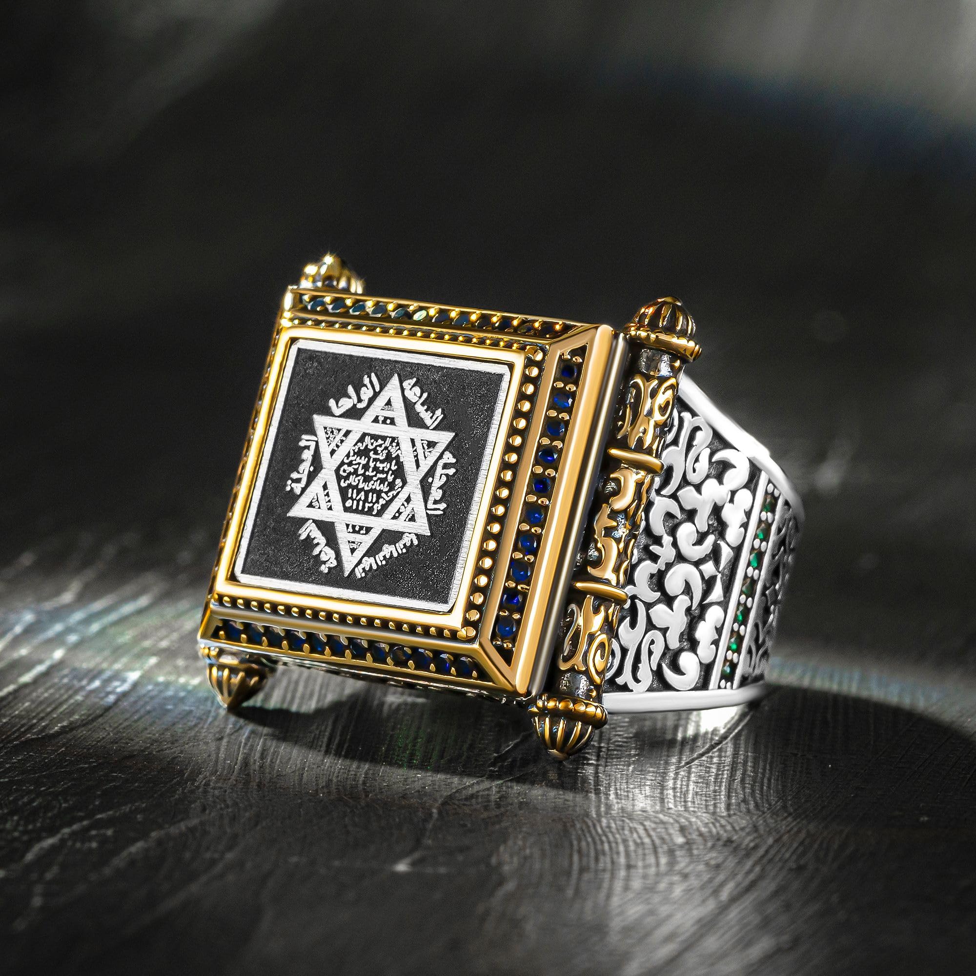Anillo de plata de ley 925 maciza con sello rectangular de Salomón para hombre con lados de piedra de circonita turca hecha a mano joyería de plata regalo para él