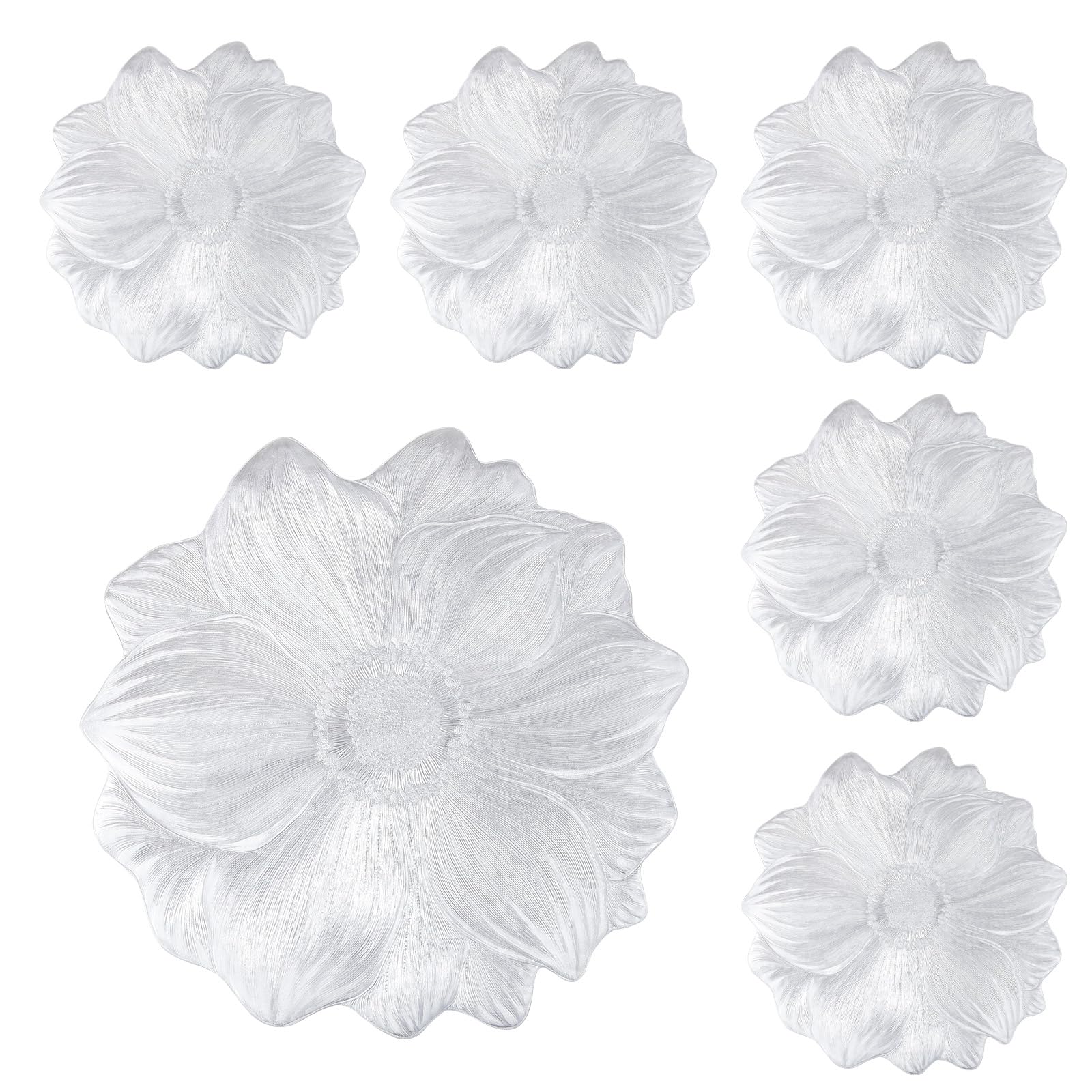 Komforbaa Set of 6 PVC Flower Placemats, Silver Metallic Round Pressed Lotus Flower Design, Wipeable Non-Slip Vinyl Table Mats - Ideal for Dinner, Holiday, Wedding & Party Table Settings,Silver