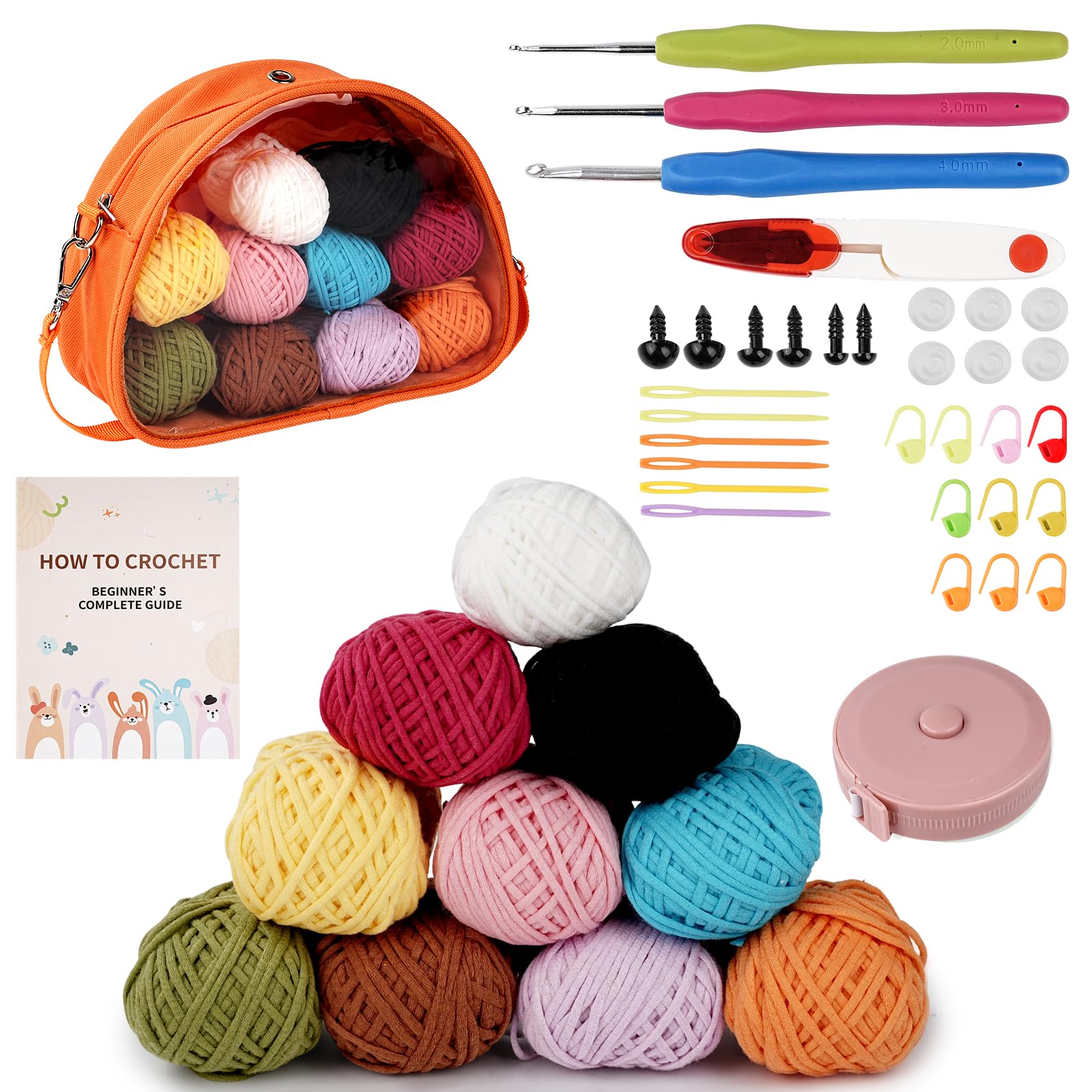 YUMILI Kit per uncinetto per principianti, set da 36 pezzi con 10 colori a tinta unita da 2 mm, uncinetti ergonomici, per adulti e bambini, per lavori fai da te