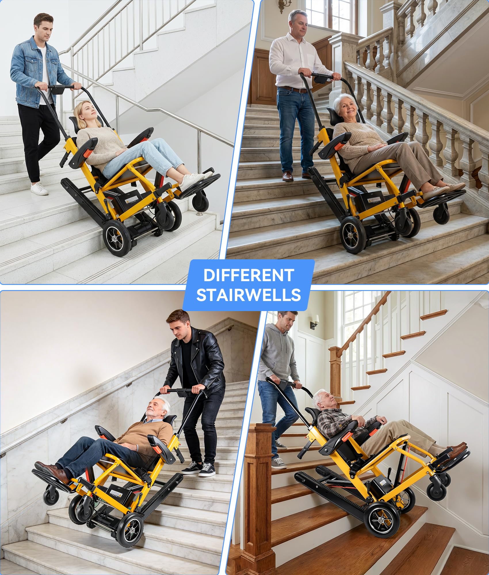 3 in 1 Elektrischer Treppensteiger Rollstuhl Faltbar, Elektro Treppenfahrstuhl, Faltbarer Elektrorollstuhl Treppenlift für Senioren, 240kg Tragkraft & 300W Motor, Sicherheitsgurte (Gelb)