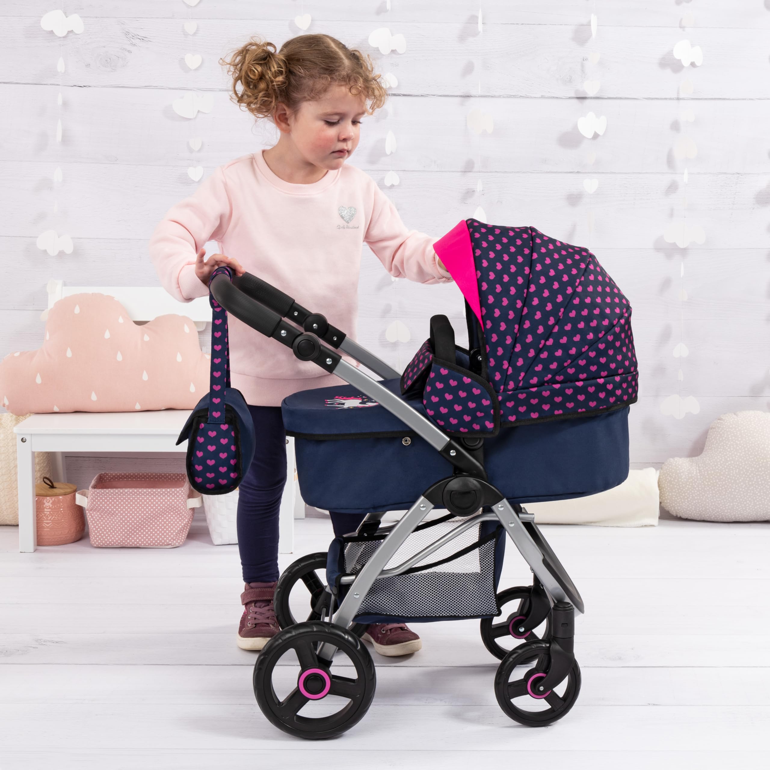Bayer Design Cochecito de muñecas City MAX con Bolsa, Regulable en Altura | ruedas delanteras giratorias, convertible en silla paseo, cesta integrado