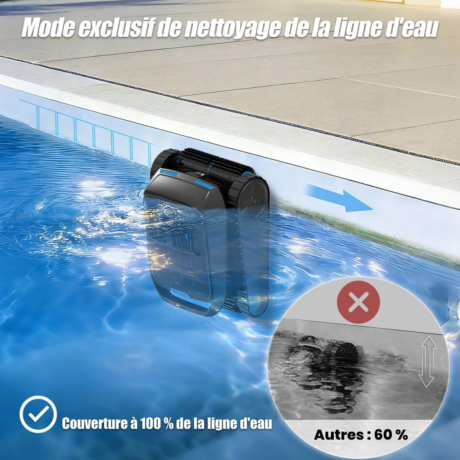 Robot de Piscine sans Fil à Batterie, détection ultrasons, Navigation Intelligente, Nettoyage Fond, parois & Ligne d’Eau (PC200) (Noir Pur)