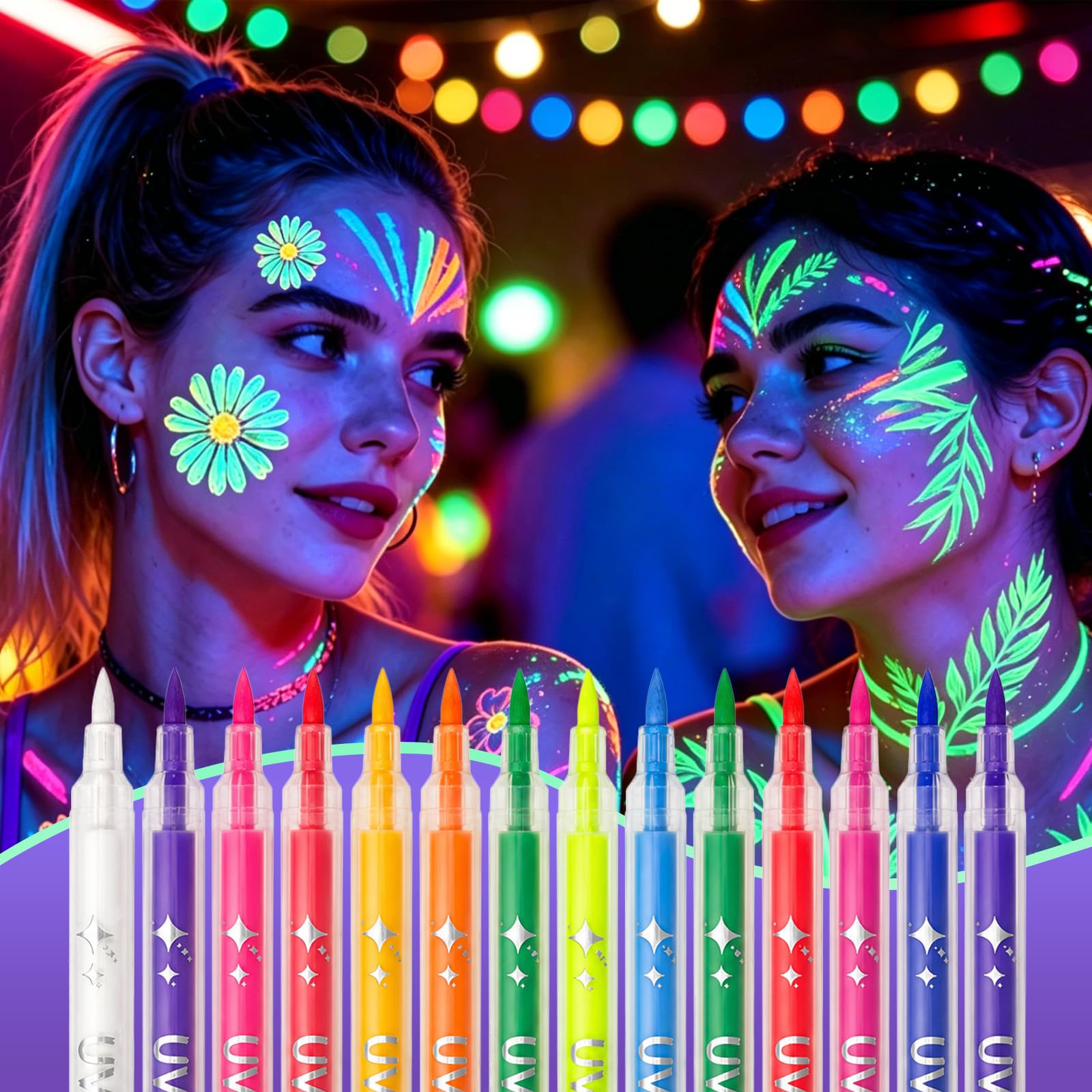 14 Colors Glow in the Dark Face & Body Paint, Neon Luminous Paint Pens Tattoo Markers, UV Black Light Face Paint for Skin, Kids, Adults, Nails, Halloween, Festival, Rave, Party Supplies Green+ Pink+ White+ Light Blue+ Neon Yellow+ Coral+ Hot Pink+ Orange+ Peach+ Purple+ Royal Blue+ Mint Green+ Violet+ Red