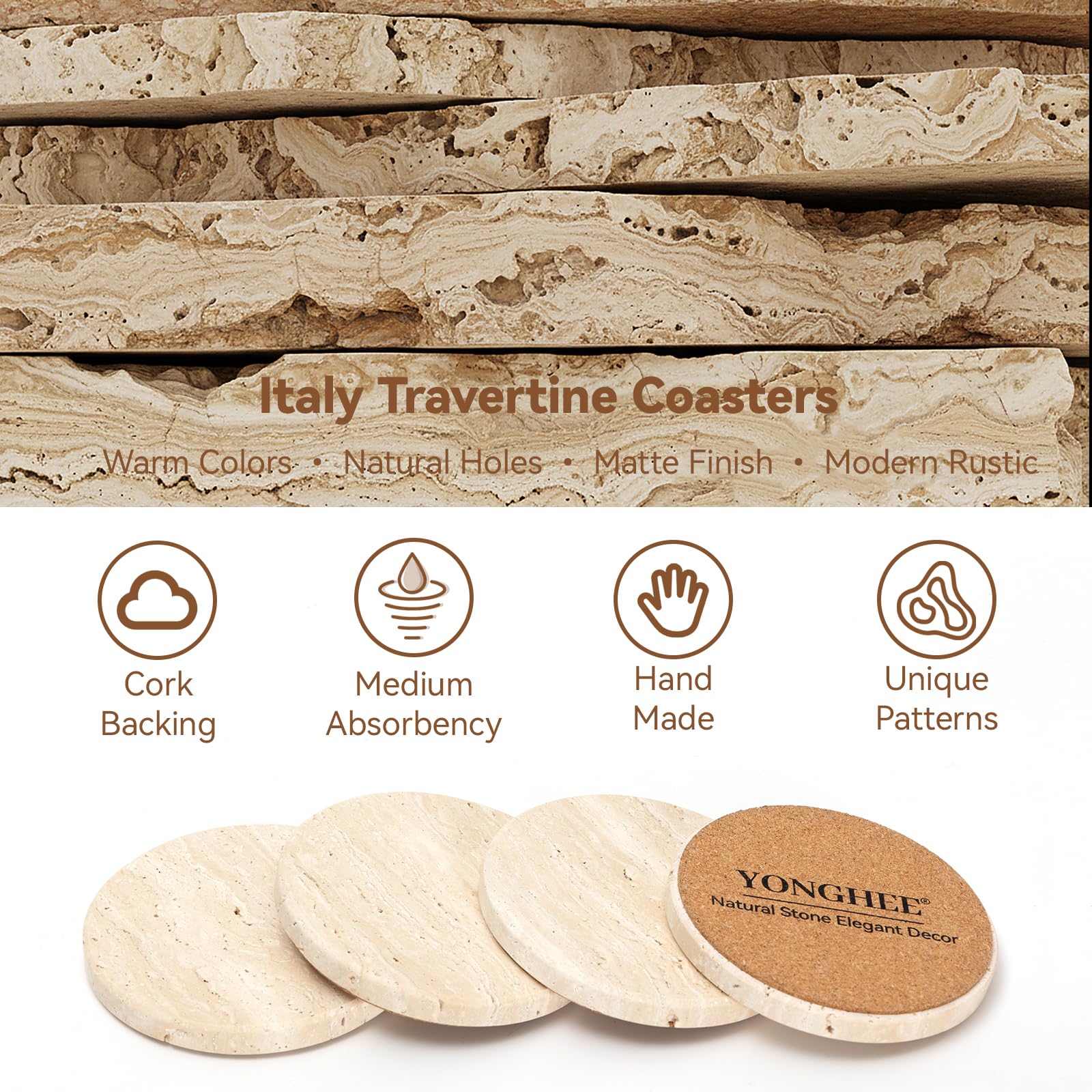 Natural Travertine Coasters - Set of 4 -3 Natural Travertine Coasters - Set of 4 -3