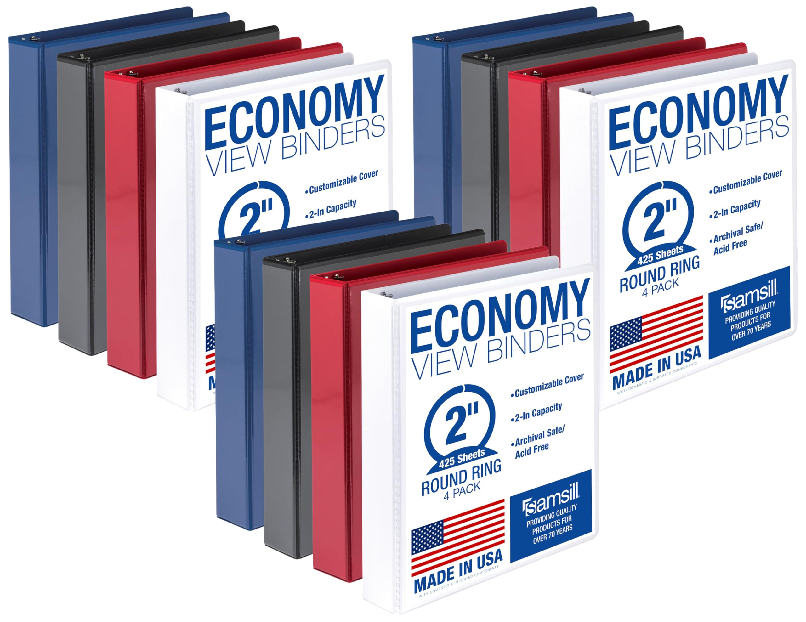 Samsill 2 Inch 3 Ring Binders, Economy Round Ring, Clear View Cover, 425 Sheet Capacity - for School, Home, Office - Assorted, (Pack of 12)