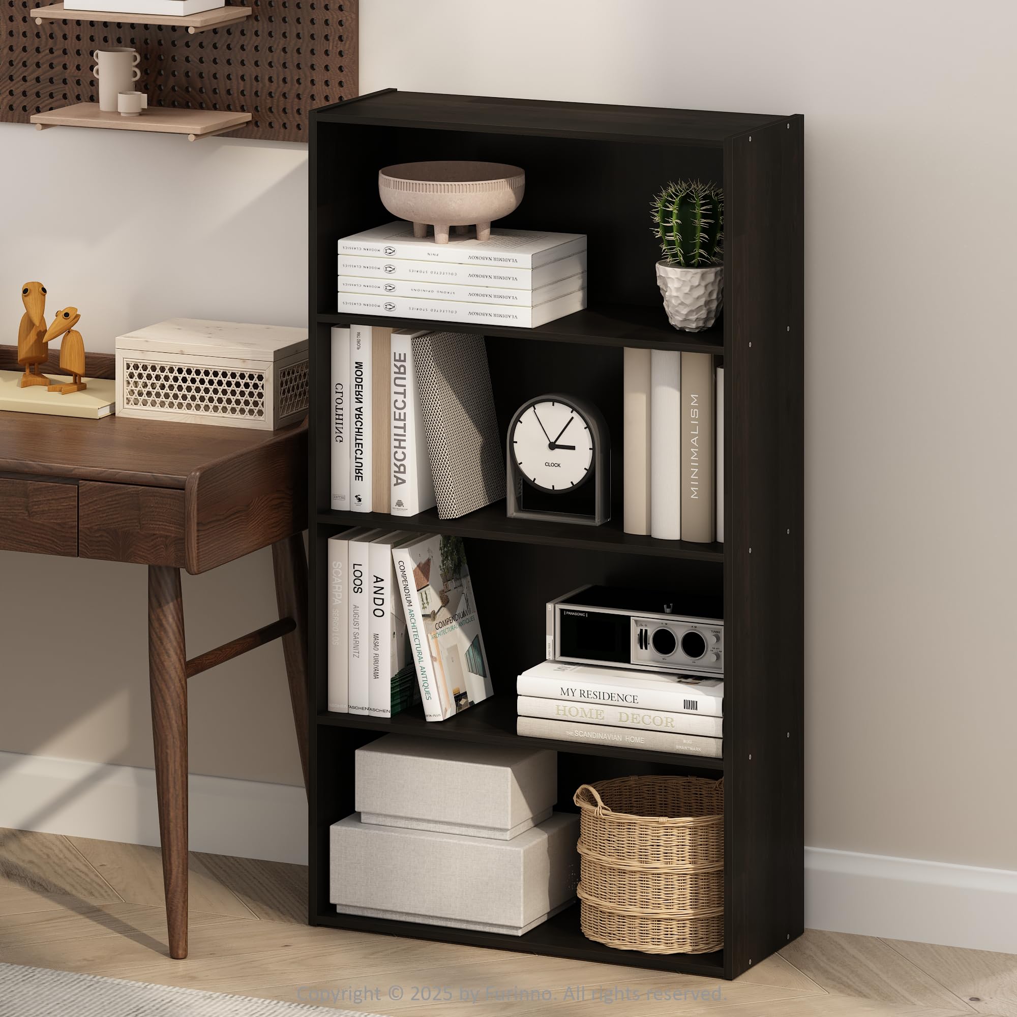 Furinno SIMPLE Book Shelf, 4-Tier Bookshelf, Bookcase with Open Shelf, 9.4 x 23.6 x 41.7, for Living Room, Bedroom, Home Office, Espresso