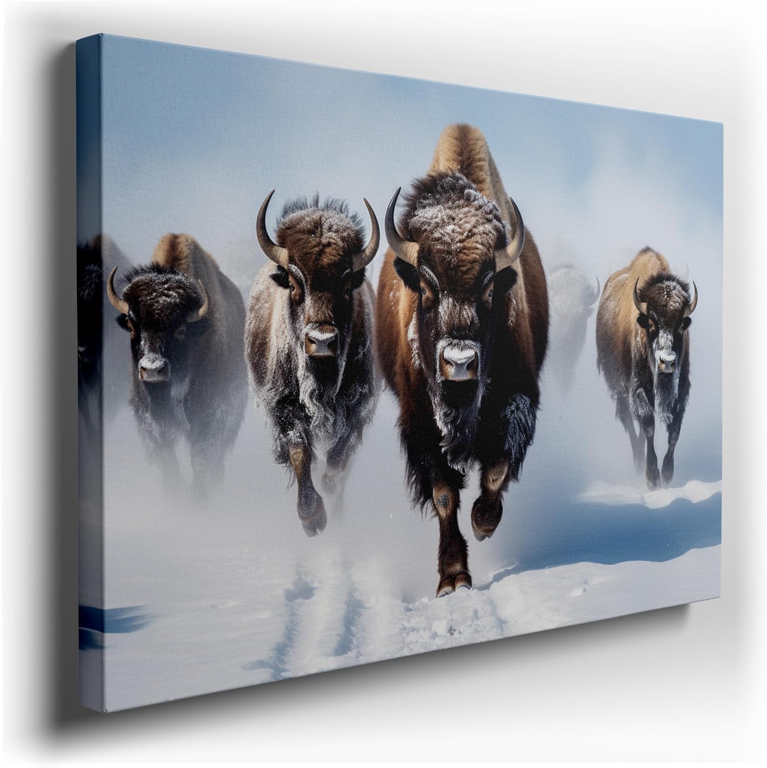 Canvas for Living room. Thundering Giants in Winter's Embrace: A Breathtaking Bison Landscape in Frosty Hues, 27 x 18 inch Canvas Wall Art - Surrealistic Visions - Modern Home Decor