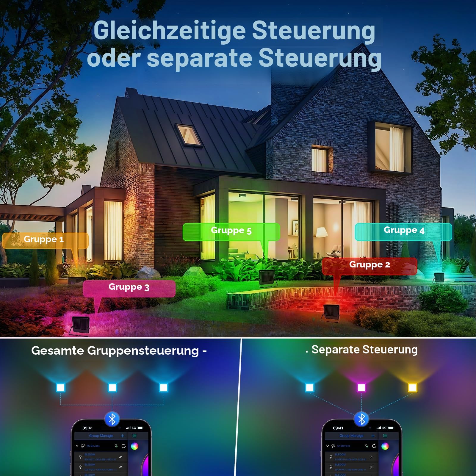 100W RGB LED Strahler, LED Fluter Außen, Mit Bluetooth APP Und 2.4G Fernbedienung, IP66 Wasserdicht Farbwechsel Dimmbar, 16 million Farben Flutlicht für Gärten, Innenhöfe,Party (2 PC)
