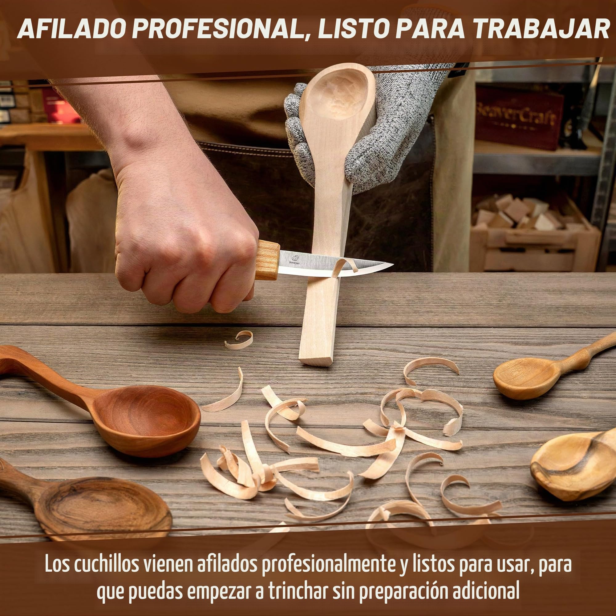 BeaverCraft, S13 Juego de Herramientas para Tallar Madera en Forma de Cuchara 3 Cuchillos Herramientas Rollo de Aserrín de Cuero y Compuesto para Pulir Gancho Cuchillo para Tallar en Forma de Cuchara