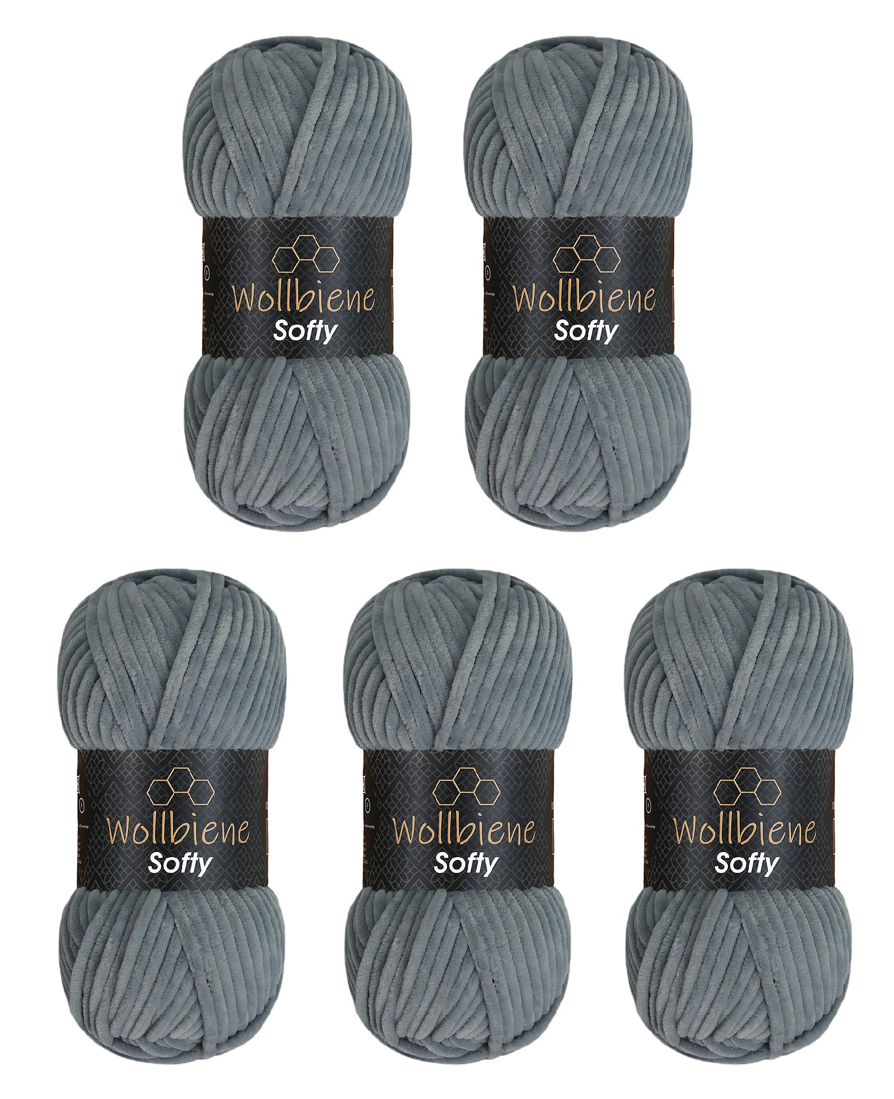 Wollbiene Softy 5 x 100g Chenille Wool for Crocheting & Knitting, Baby Wool, 500g, Super Bulky Yarn (Dark Grey 78)