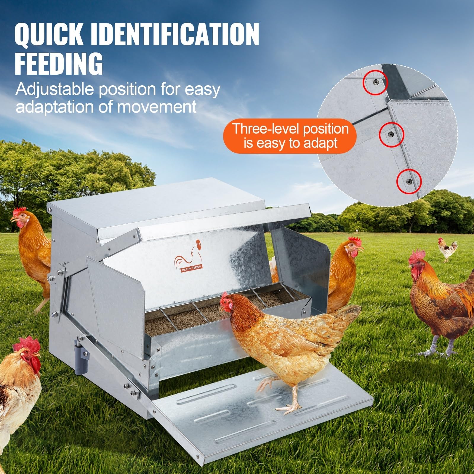 Comedero automático for pollos de 25 lb de capacidad. Alimenta a 10 pollos hasta 11 días. Comedero for aves de corral de acero galvanizado.