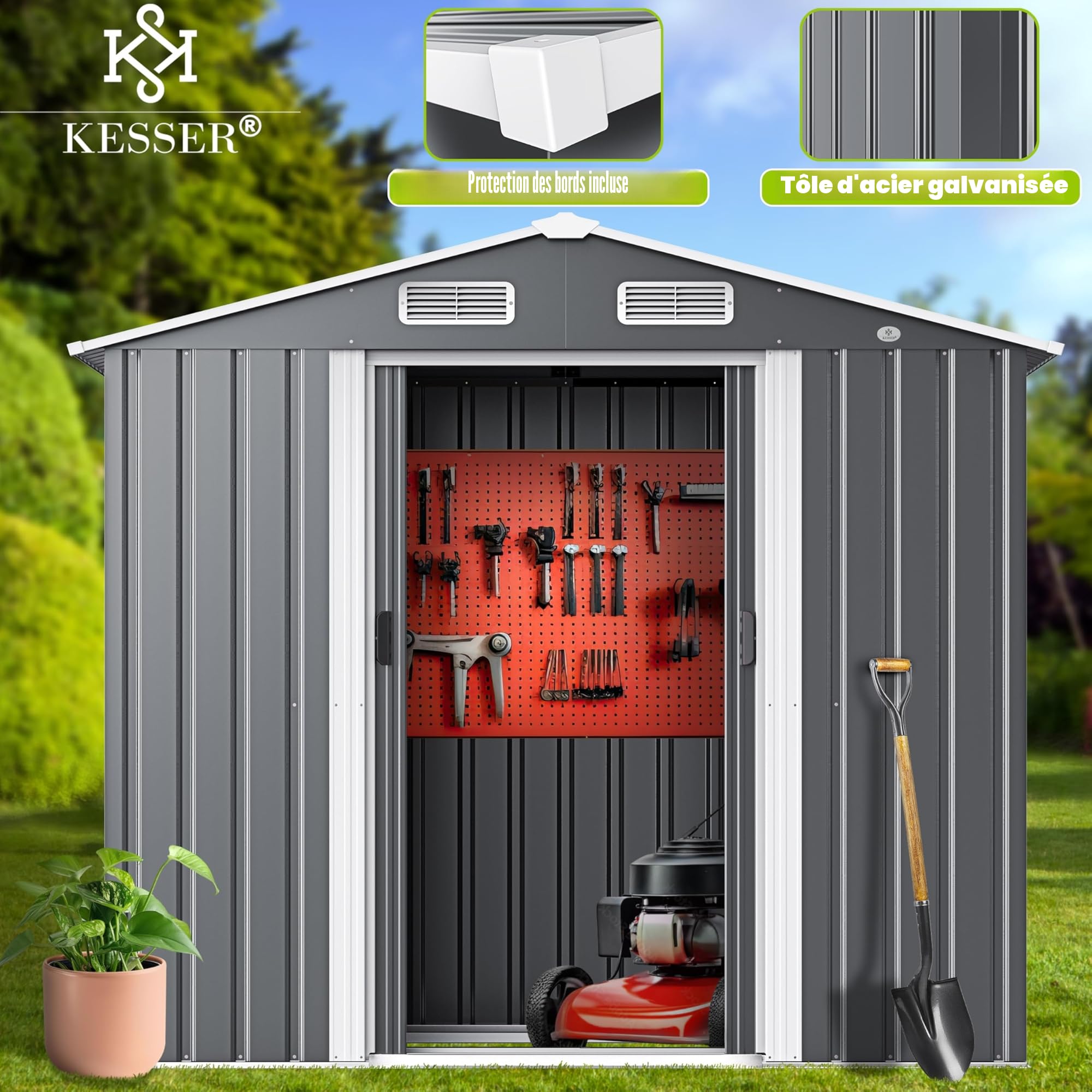 KESSER Abri de Jardin XL en Métal 4,2 m³ avec Fondation | avec Gants de Travail | 195 x 131 x 186 cm | 2 Portes Coulissantes et Fondations | Armoire | Toit à Pignon