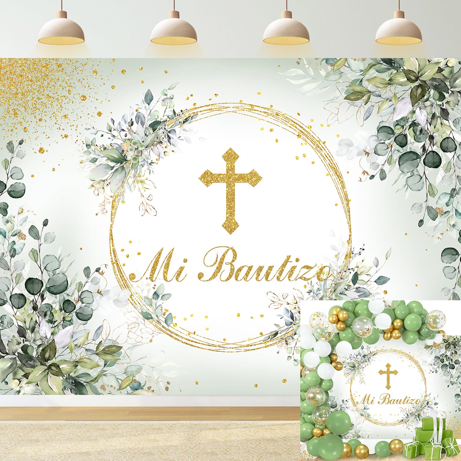 Mi Bautizo Backdrop Mexican Baptism Party Decorations 7x5FT God Bless First Holy Communion Background Greenery Eucalyptus Leaves Baptism Banner Decor