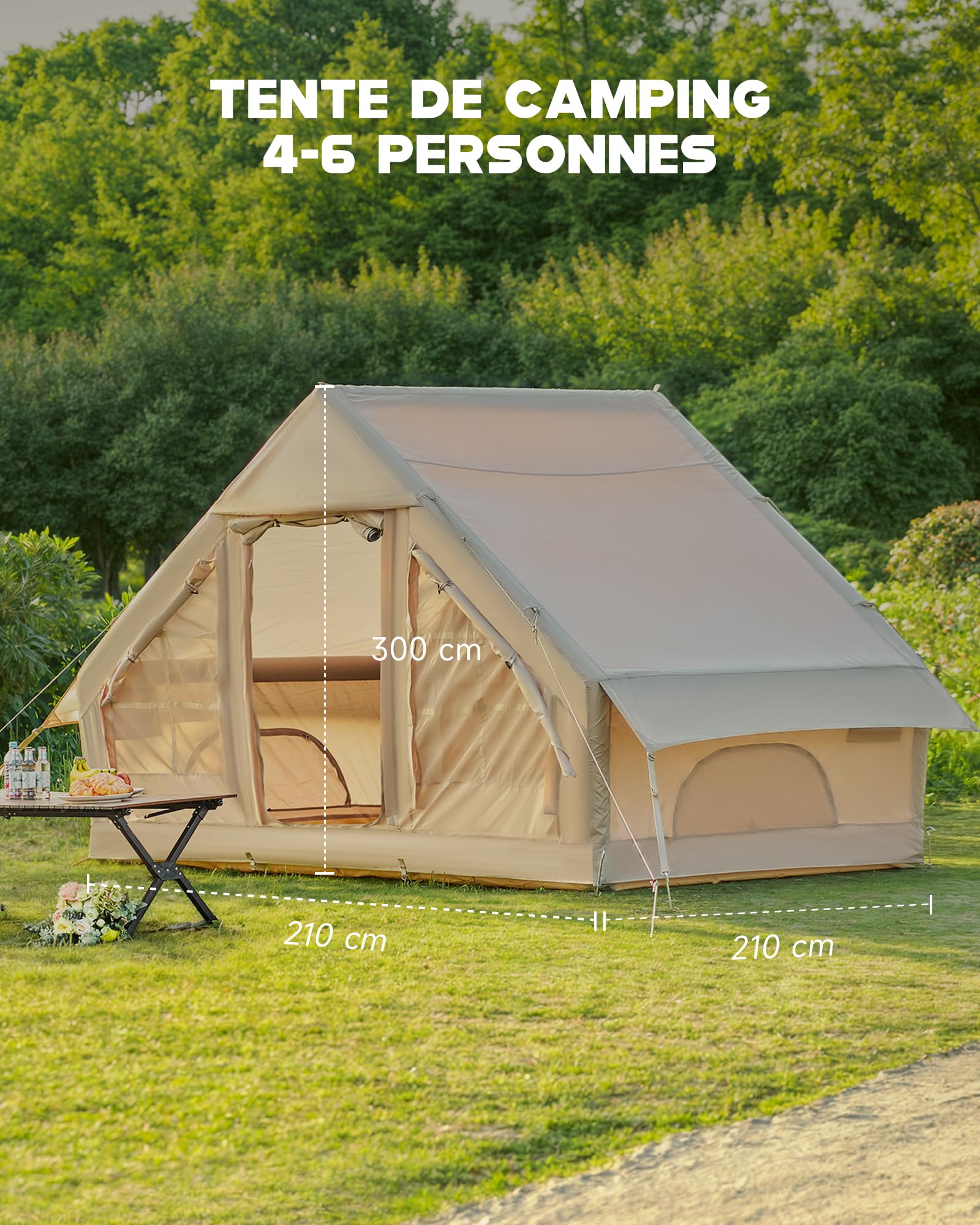 DARTMOOR Tente Gonflable 4-6 Personnes Tente de Camping Randonnéed Double Porte 4 Saisons Tissu Oxford Résistant au Vent Imperméable Extérieur Facile à Installer avec Pompe à Air et Sac de Transport