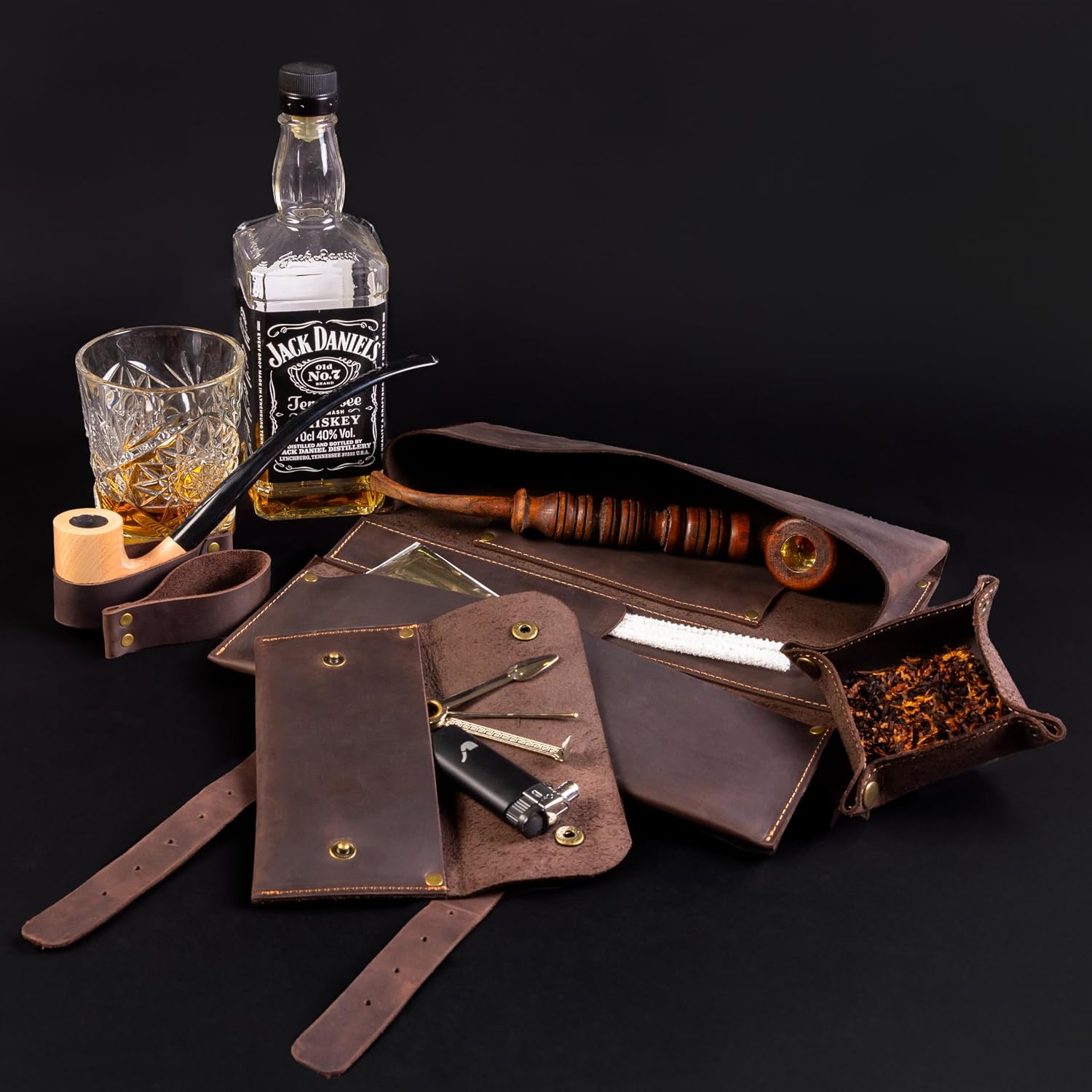Leather Churchwarden Pipe Roll with Pipe Stand and Tobacco Bowl Tool Case Pouch, Smoking Roll Bag Tamper Pipes Tools Holder (Dark Brown)