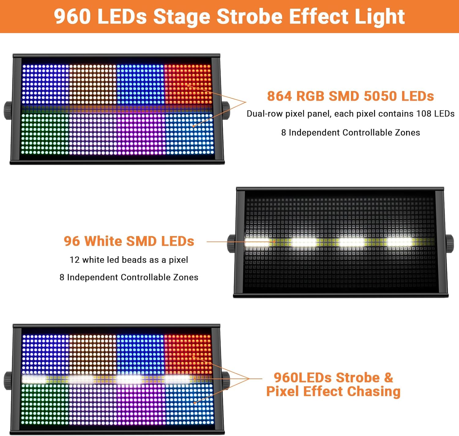 500W Stage Strobe Lights: 960LEDs RGBW 4IN1 - Metal Construction 135° Wide Coverage - Sound Activated Multi Modes - DMX & RDM Control - Great for Club Music Show Mobile DJ Wedding Party