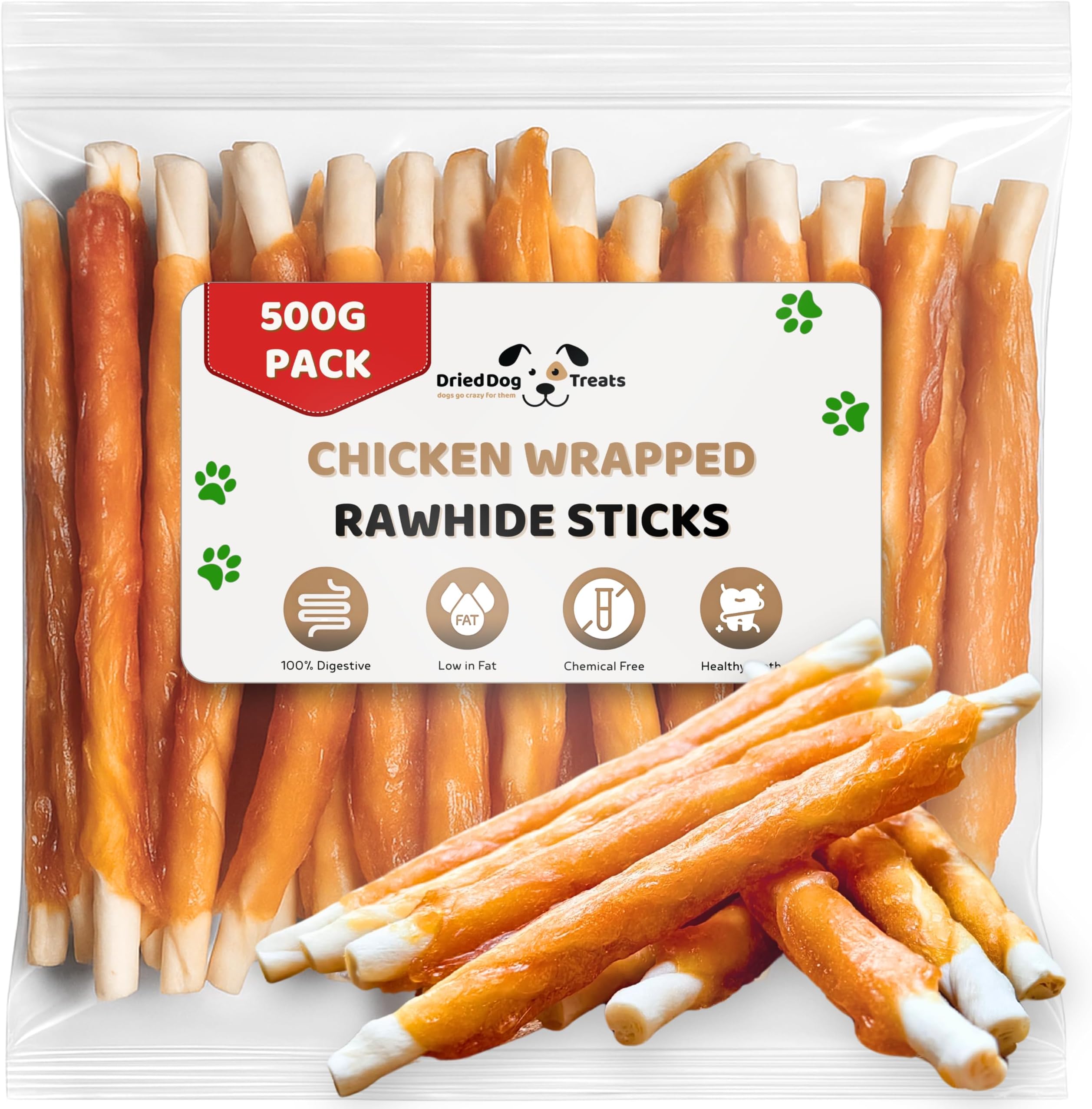 Dried Dog Treats Chicken Rawhide Chews 500g - Soft Rawhide Dog Chew - Chewy Chicken Twists Perfect as Puppy Treats - High Protein and Low Fat Sticks