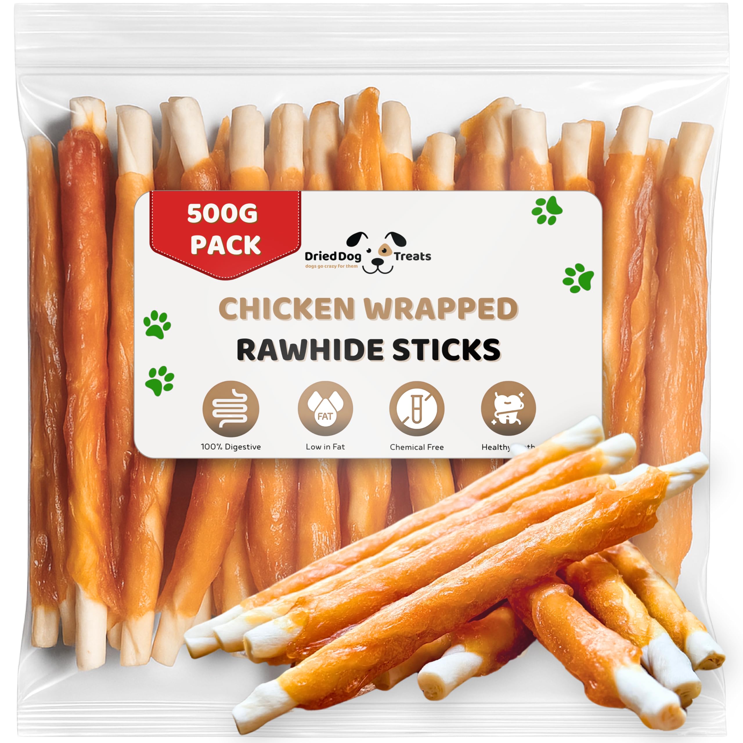 Dried Dog Treats Chicken Rawhide Chews 500g - Soft Rawhide Dog Chew - Chewy Chicken Twists Perfect as Puppy Treats - High Protein and Low Fat Sticks