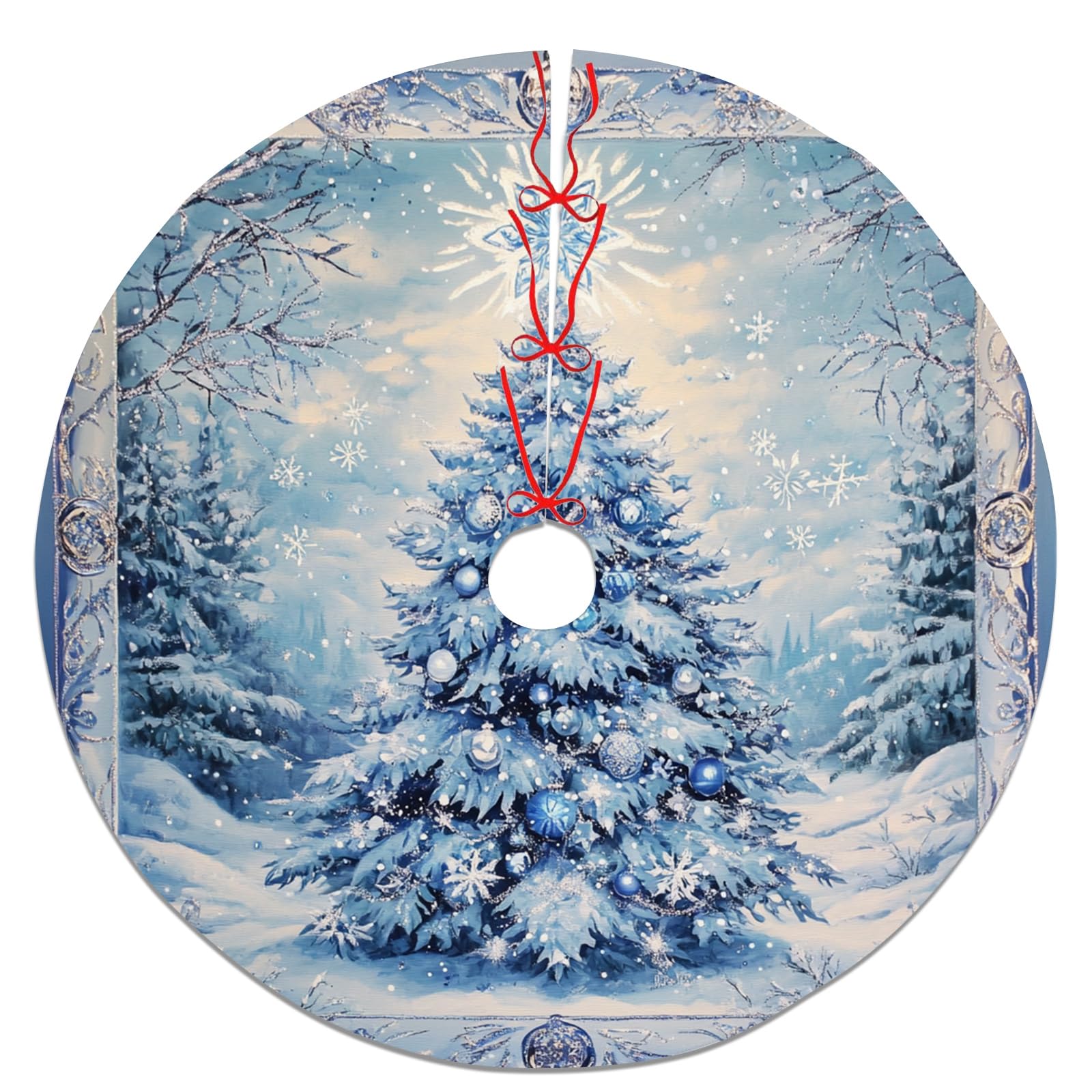 Snowy Pine Christmas Tree Skirt, Light Blue Winter Tree Skirt for Holiday Decoration, Xmas Season Home Decor Indoor Outdoor 36 Inch