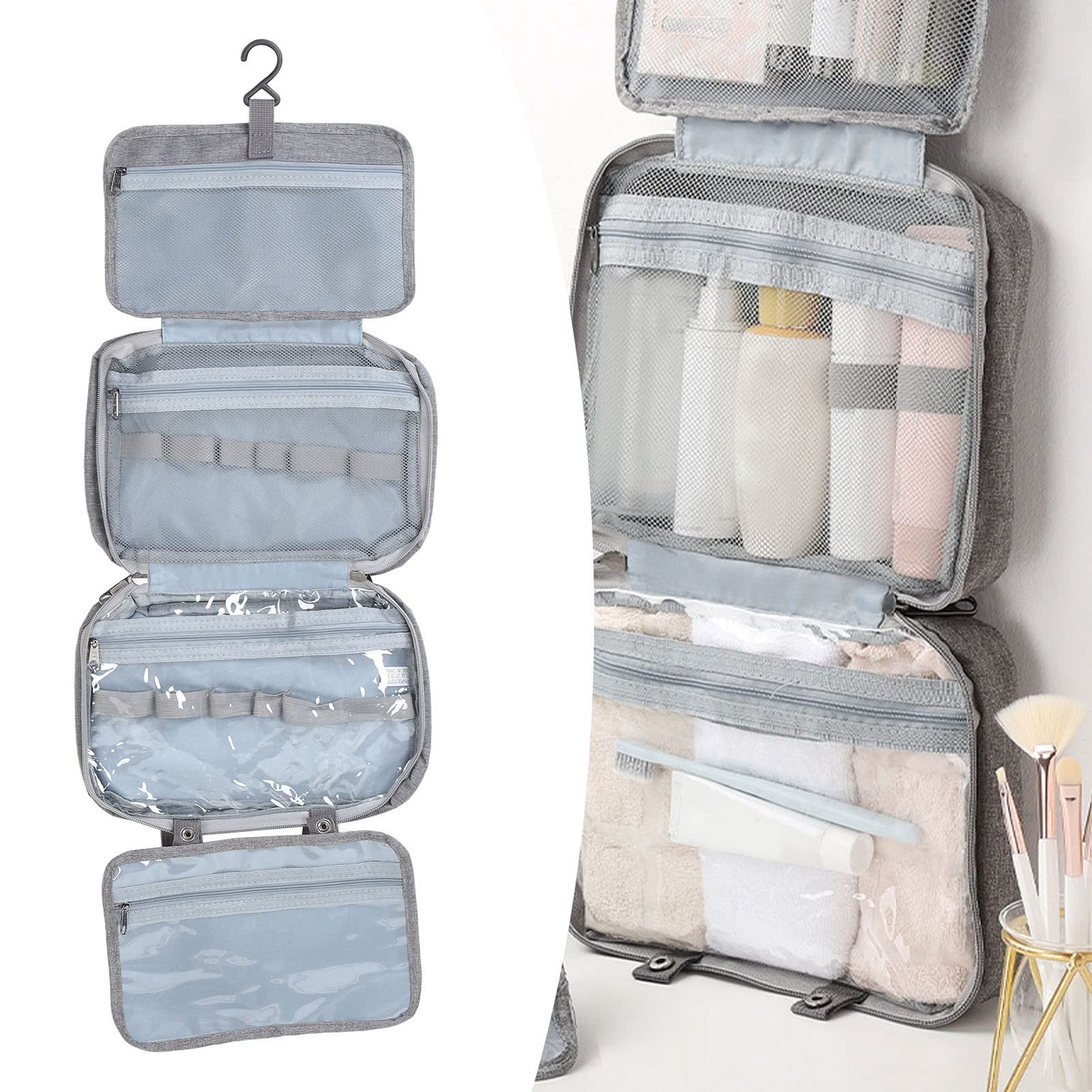 Borsa toilette sospesa di grande capacità 4 scomparti Borsa per cosmetici pieghevole idrorepellente Borsa per trucchi viaggio per viaggi d'affari Campeggio Poliestere