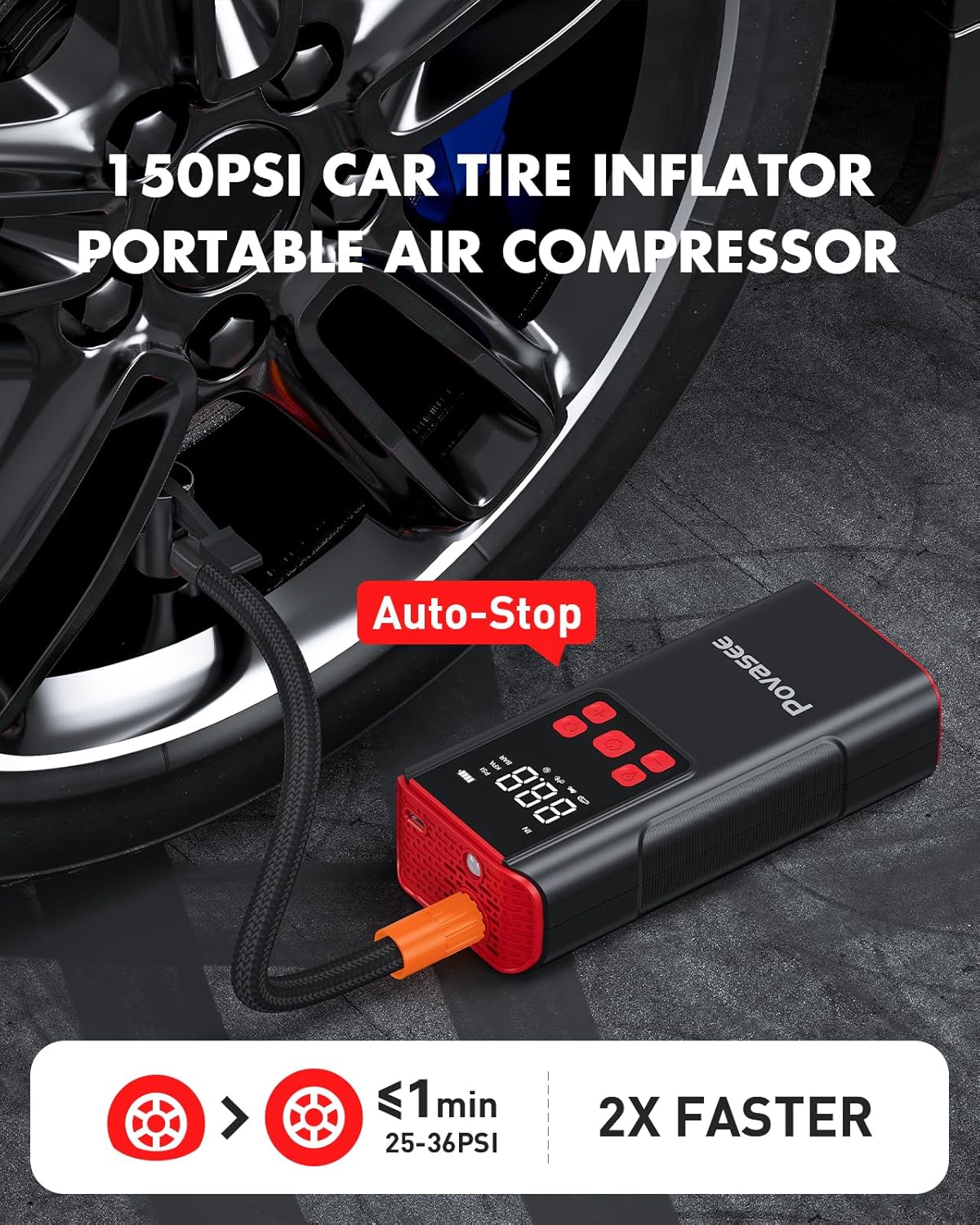 Povasee A8 Tire Inflator in use with auto-stop feature