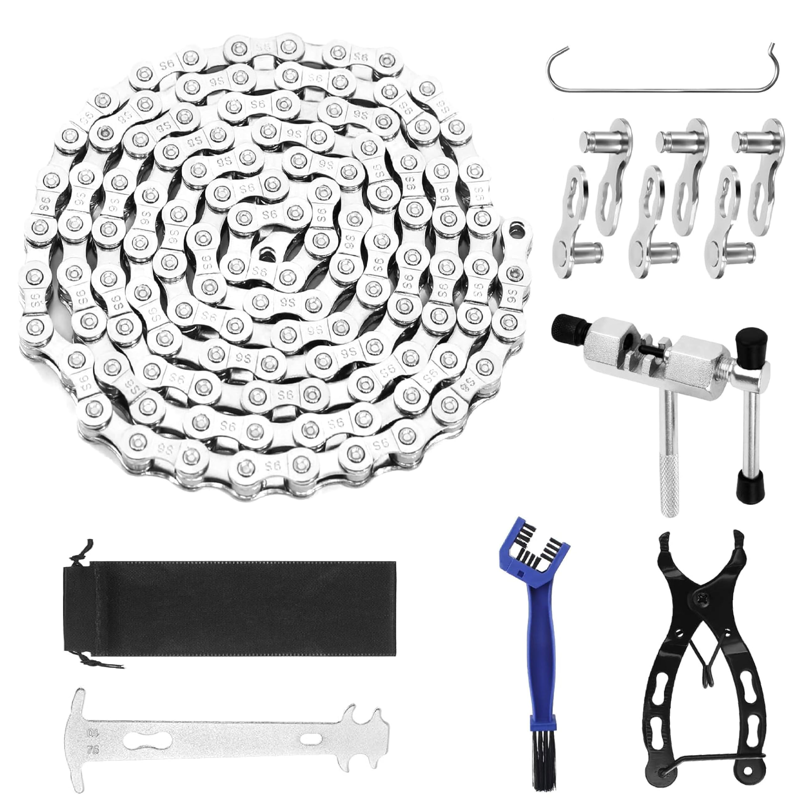 Zestaw narzędzi do łańcucha rowerowego 9 prędkości, 1/2 x 11/128 cala 116 ogniw. Zawiera kruszarkę łańcucha, kontroler łańcucha, zapięcie łańcucha, szczypce i szczotkę. Idealny do konserwacji rowerów