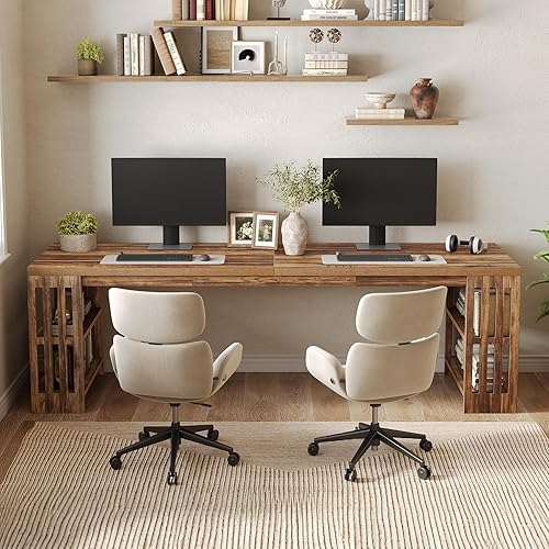 Miniatura 5 de LITTLE TREE Escritorio de 78.7 pulgadas de largo, escritorio para 2 personas con estantes, escritorio grande de madera, diseño de patas de estante
