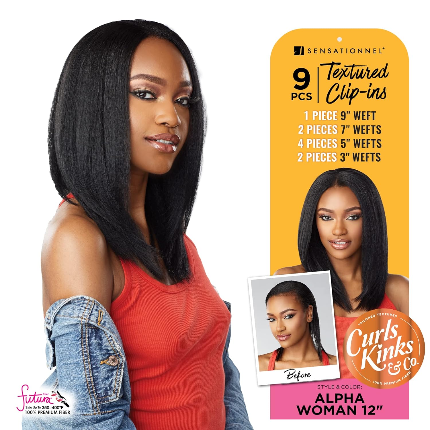 Sensationnel Curls Kinksandco Clip In - Alpha Woman 12 Inch 9 Piece Pack Easy to Use Clips for Natural 3C to 4C Hair (T2/27)