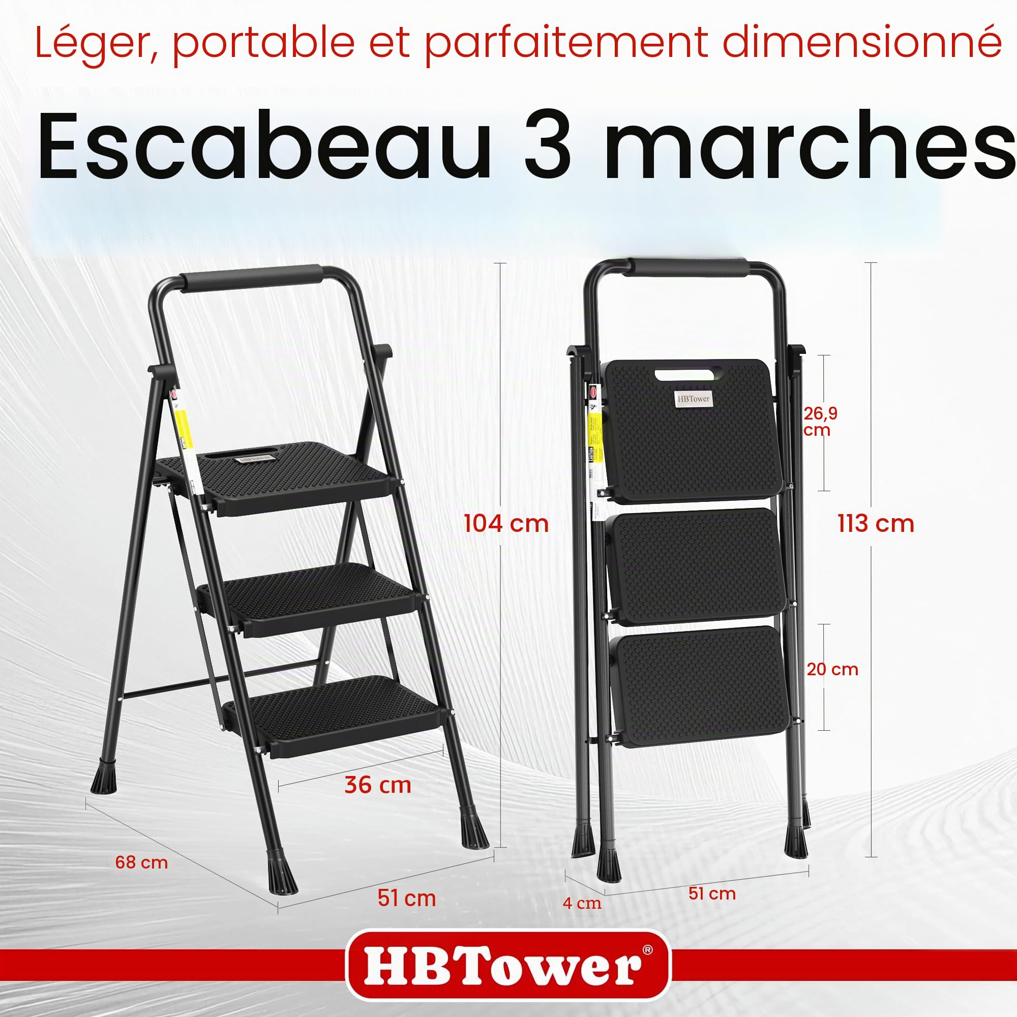 HBTower Escabeau 3 Marches Pliable, Échelle avec Pédales Antidérapantes et Poignée Confortable, Escabeau en Acier Portable, Noir