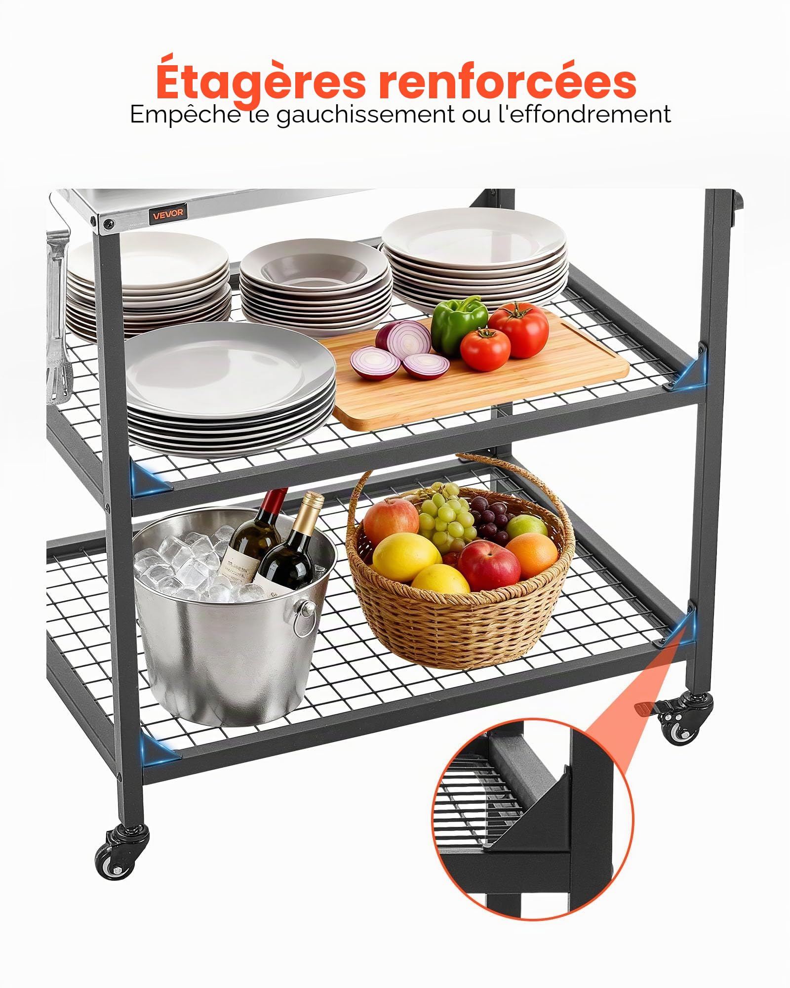 VEVOR Desserte de Jardin pour Plancha, Chariot de Barbecue avec Plan de Travail 80x61 cm en INOX, pour Préparation de Cuisine BBQ Extérieur, avec 4 Roues, Poignée Latérale et Deux Étagères en Maille