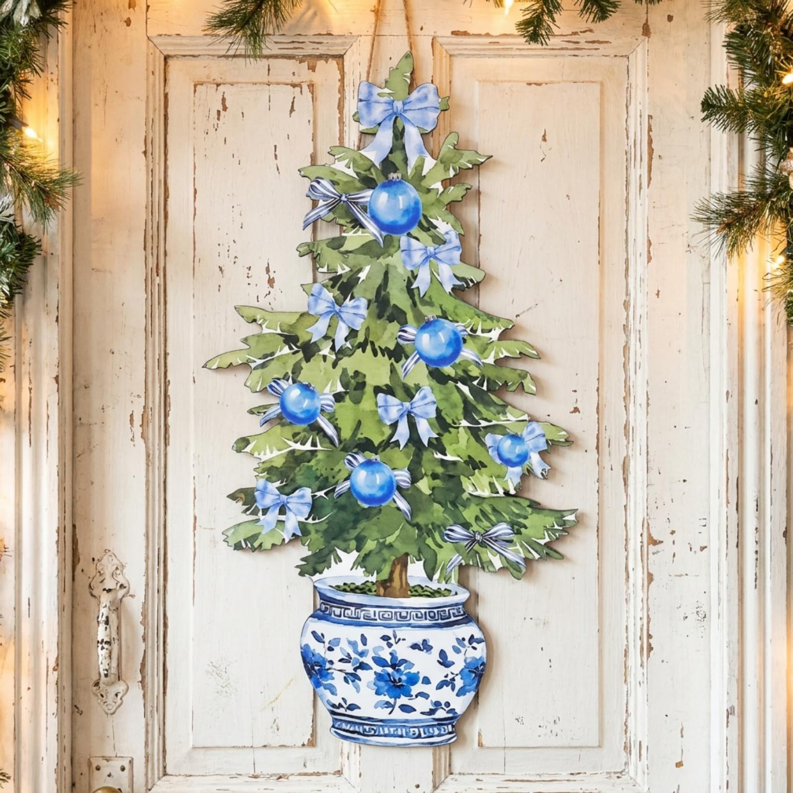Rattanview Large Chinoiserie Christmas Tree Door Hanger Rustic Wooden Sign