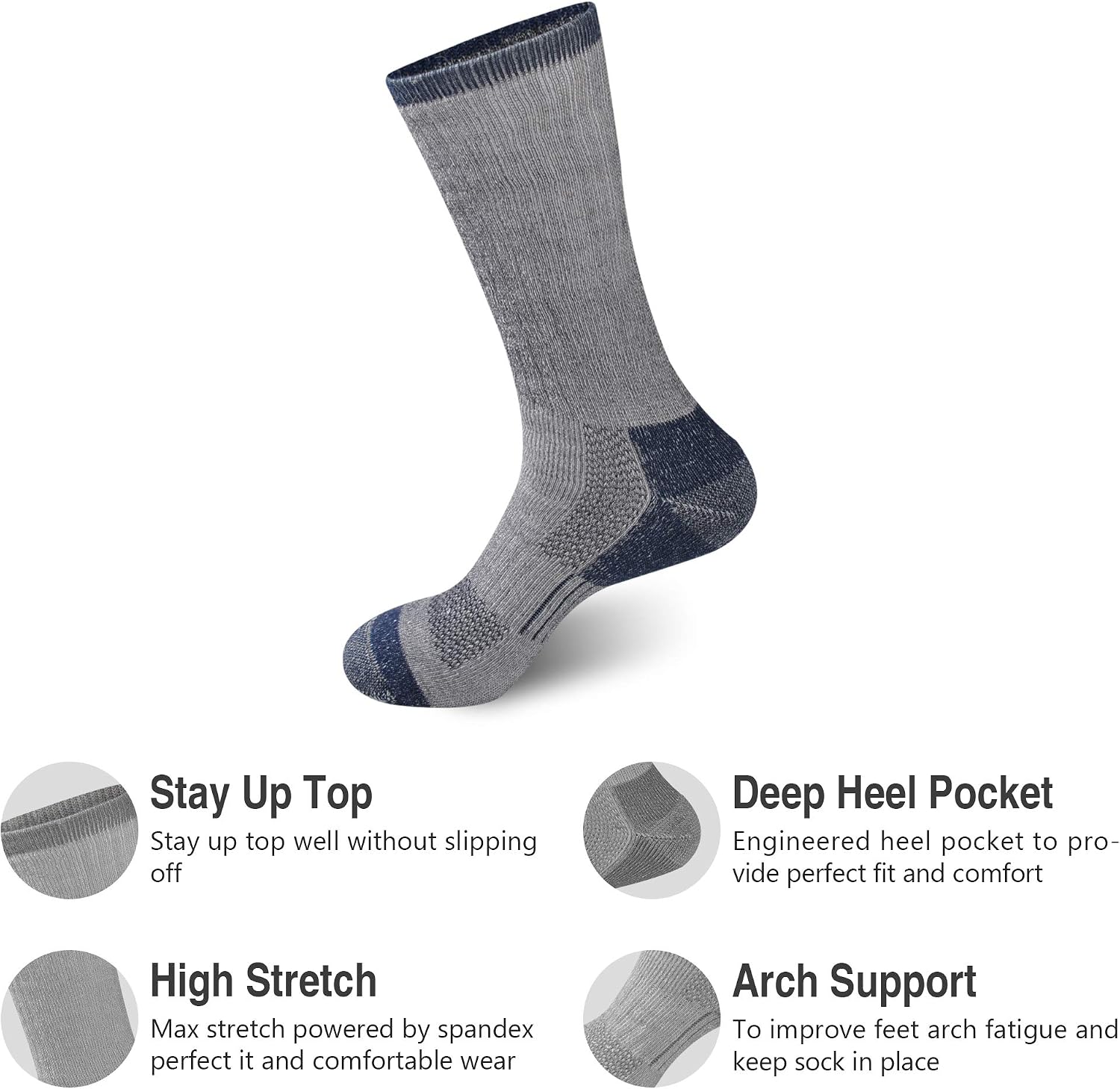 GKX Men's Merino Wool Moisture Wicking Outdoor Hiking Trekking Work Cushion Crew Socks 9-11,10-13