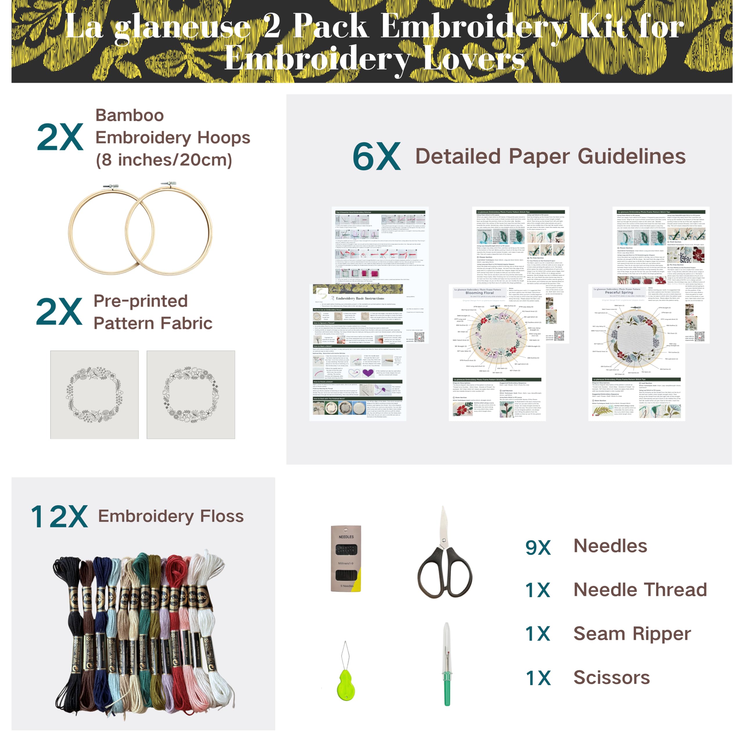 La glaneuse 2 Pack Embroidery Kit for Beginners Adults, Cross Stitch Kits, Needle Point Kits of Stamped Floral Embroidery Pattern for Craft Lovers, DIY Floral Photo Frame Embroidery Gift for Her