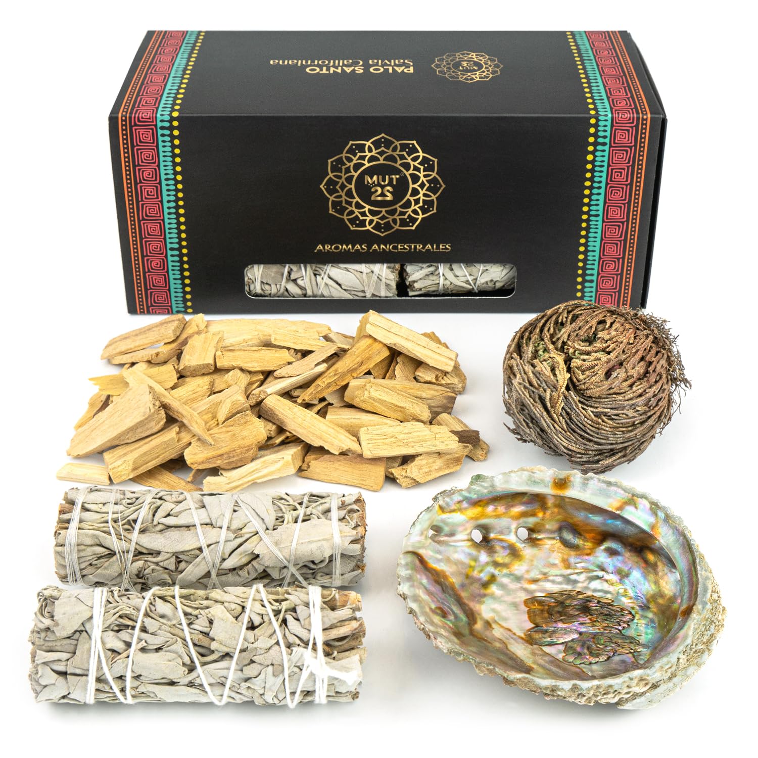Kit di Fumigazione, Conchiglia di Abalone, Palo Santo Schegge 200 gr, Salvia Bianca e Rosa di Gerico per Purificare e Armonizzare (Kit Schegge)