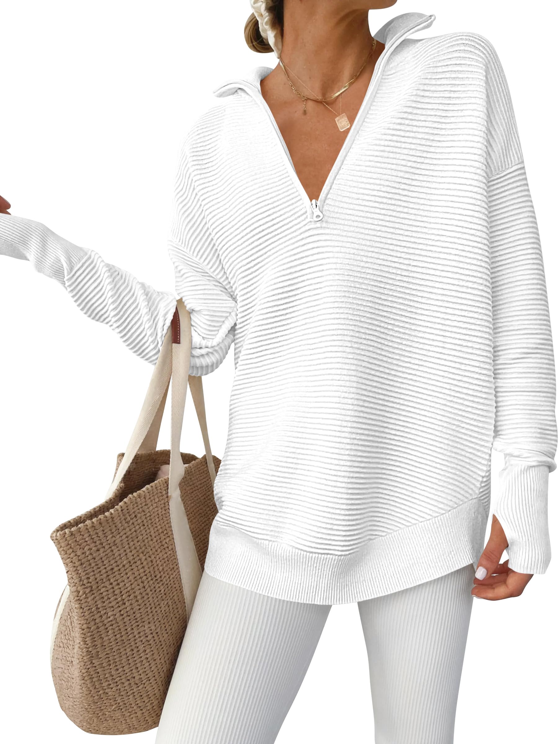 ANRABESS Womens Long Sleeve Quarter Zip Pullover Sweater Casual Loose V Neck Collared Ribbed Knit Jumper Tops Thumb